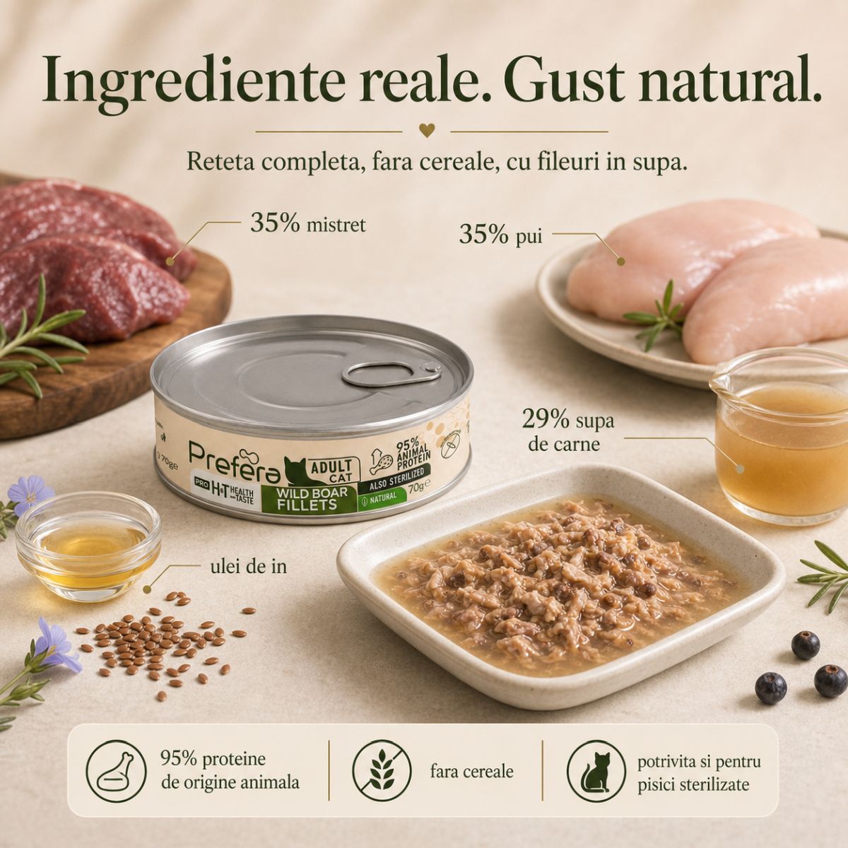 PREFERA Pro H&T Fillets, Mistreț, conservă hrană umedă fără cereale pisici, (în supă), 70g - poza 5