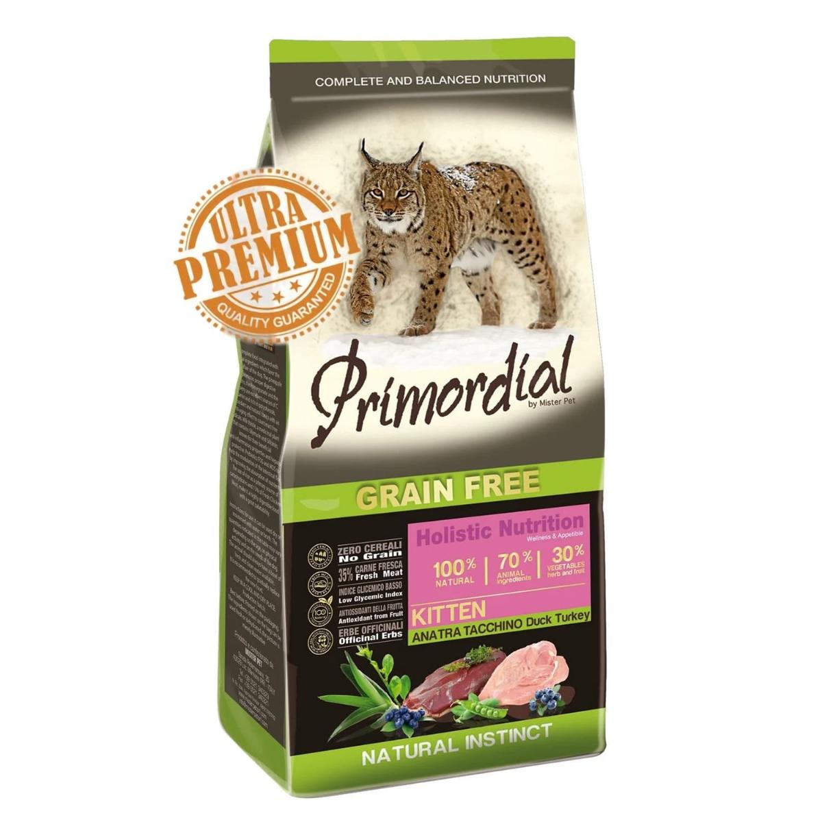 PRIMORDIAL Holistic Kitten, Rață și Curcan, hrană uscată fără cereale pisici junior, 400g - poza 1