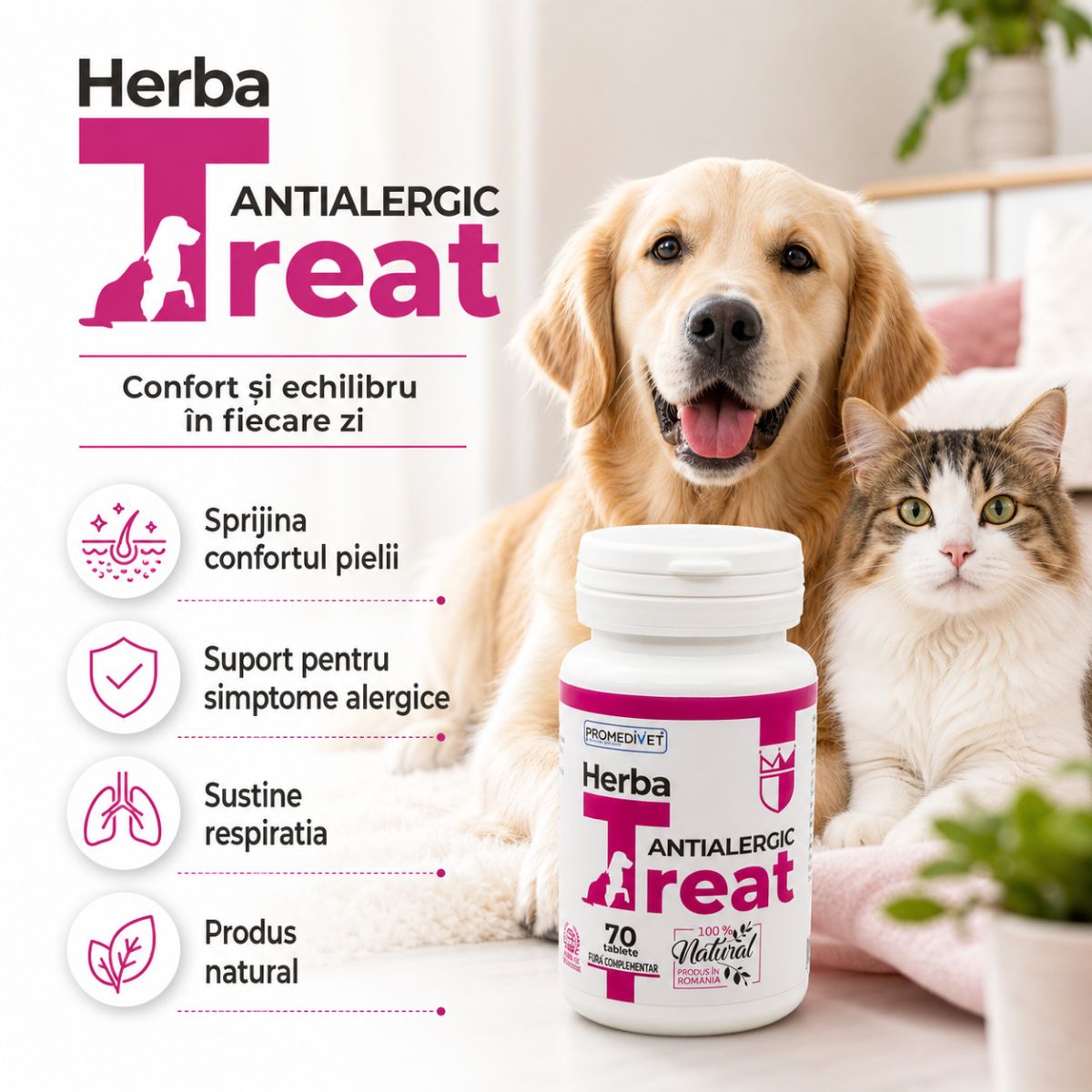 PROMEDIVET Herba-Treat Antialergic, supliment sistem imunitar & alergii câini, comprimate PROMEDIVET Herba-Treat Antialergic, XS-XL, supliment sistem imunitar & alergii câini și pisici, flacon, 70 comprimate - poza 3
