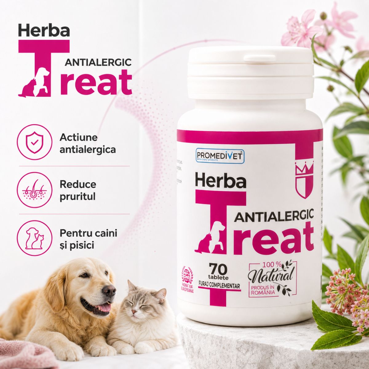 PROMEDIVET Herba-Treat Antialergic, supliment sistem imunitar & alergii câini, comprimate PROMEDIVET Herba-Treat Antialergic, XS-XL, supliment sistem imunitar & alergii câini și pisici, flacon, 70 comprimate - poza 4