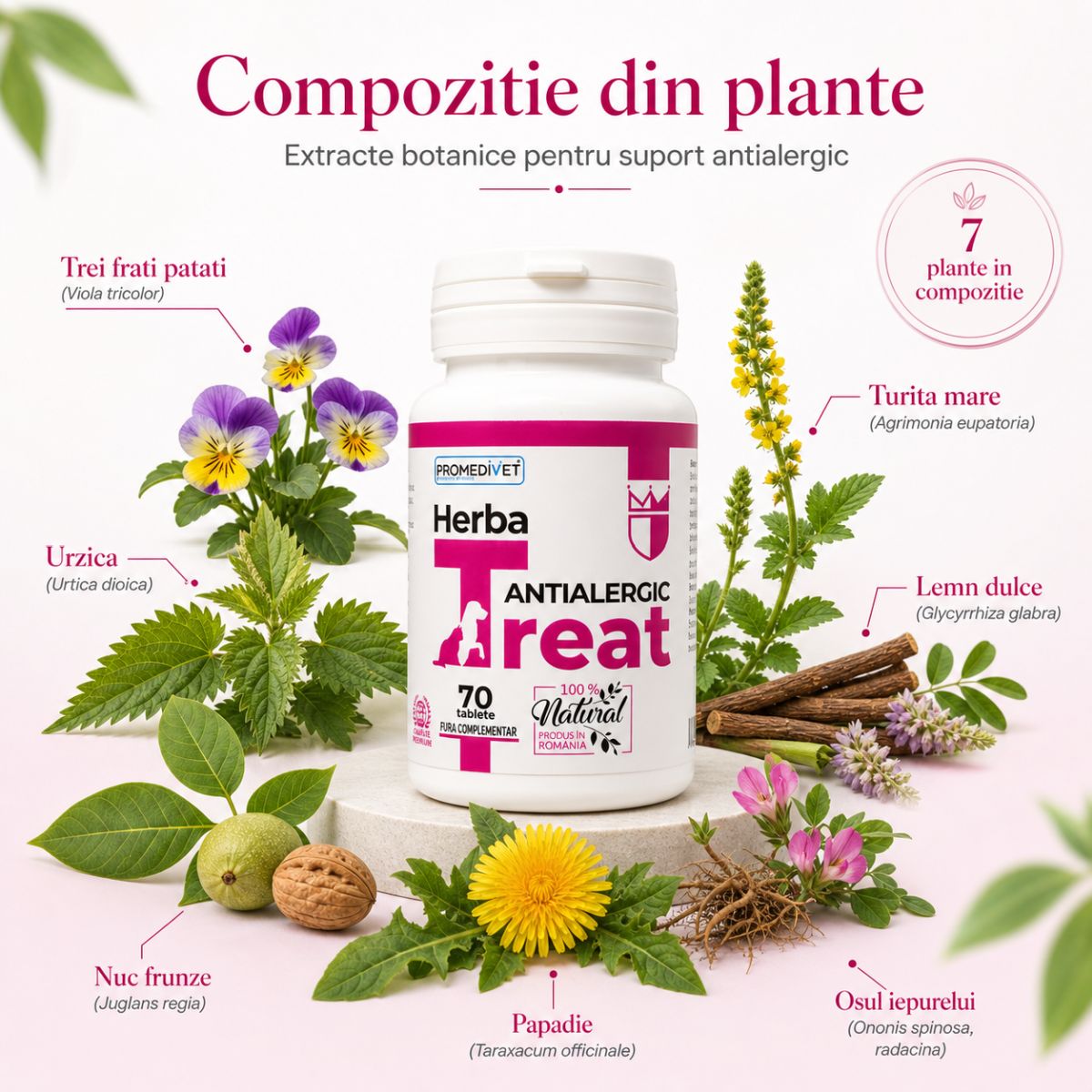 PROMEDIVET Herba-Treat Antialergic, supliment sistem imunitar & alergii câini, comprimate PROMEDIVET Herba-Treat Antialergic, XS-XL, supliment sistem imunitar & alergii câini și pisici, flacon, 70 comprimate - poza 5