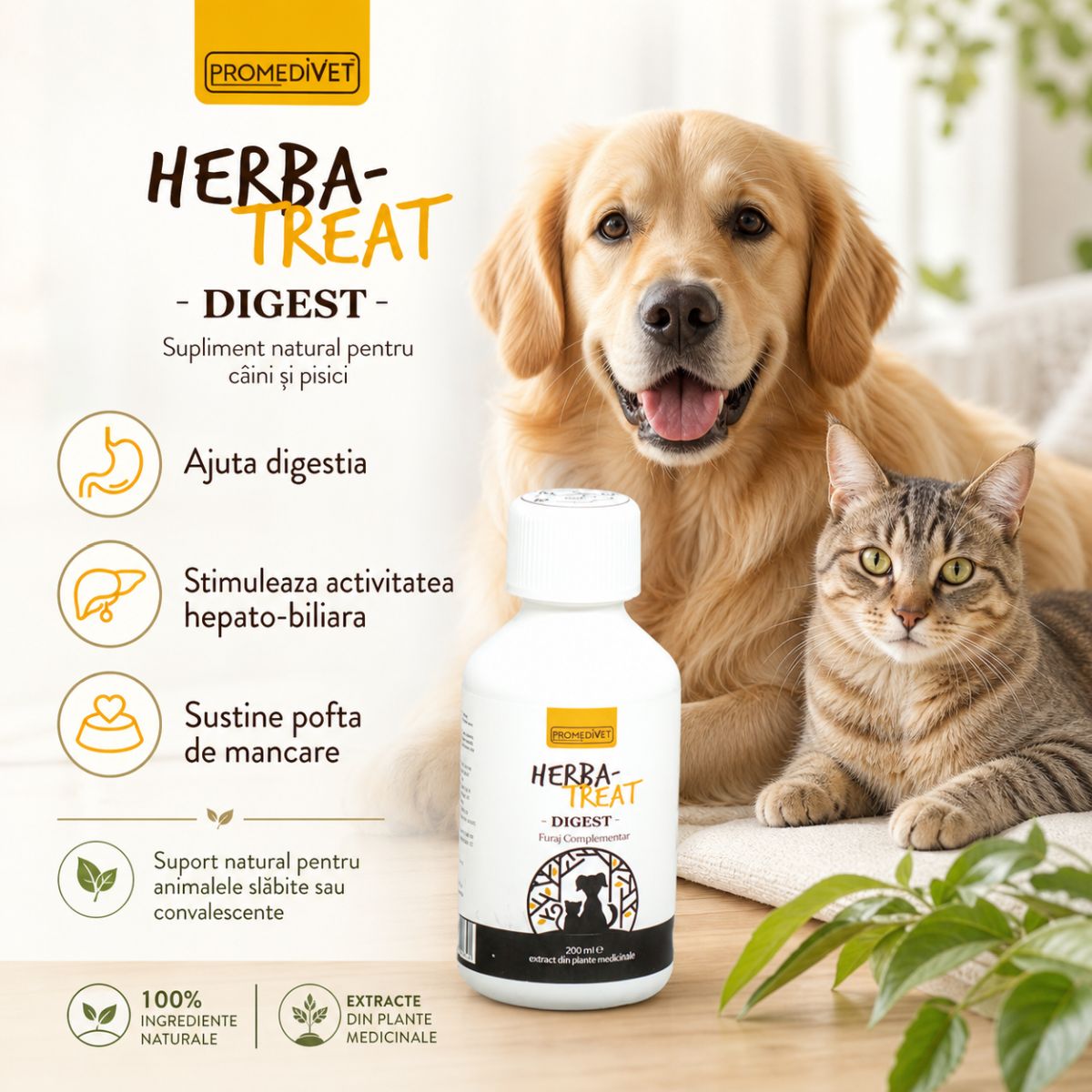 PROMEDIVET Herba-Treat Digest Hepatoprotector, supliment sistem digestiv câini, suspensie orală PROMEDIVET Herba-Treat Digest Hepatoprotector, XS-XL, supliment sistem digestiv câini și pisici, flacon, 200ml suspensie orală - poza 3