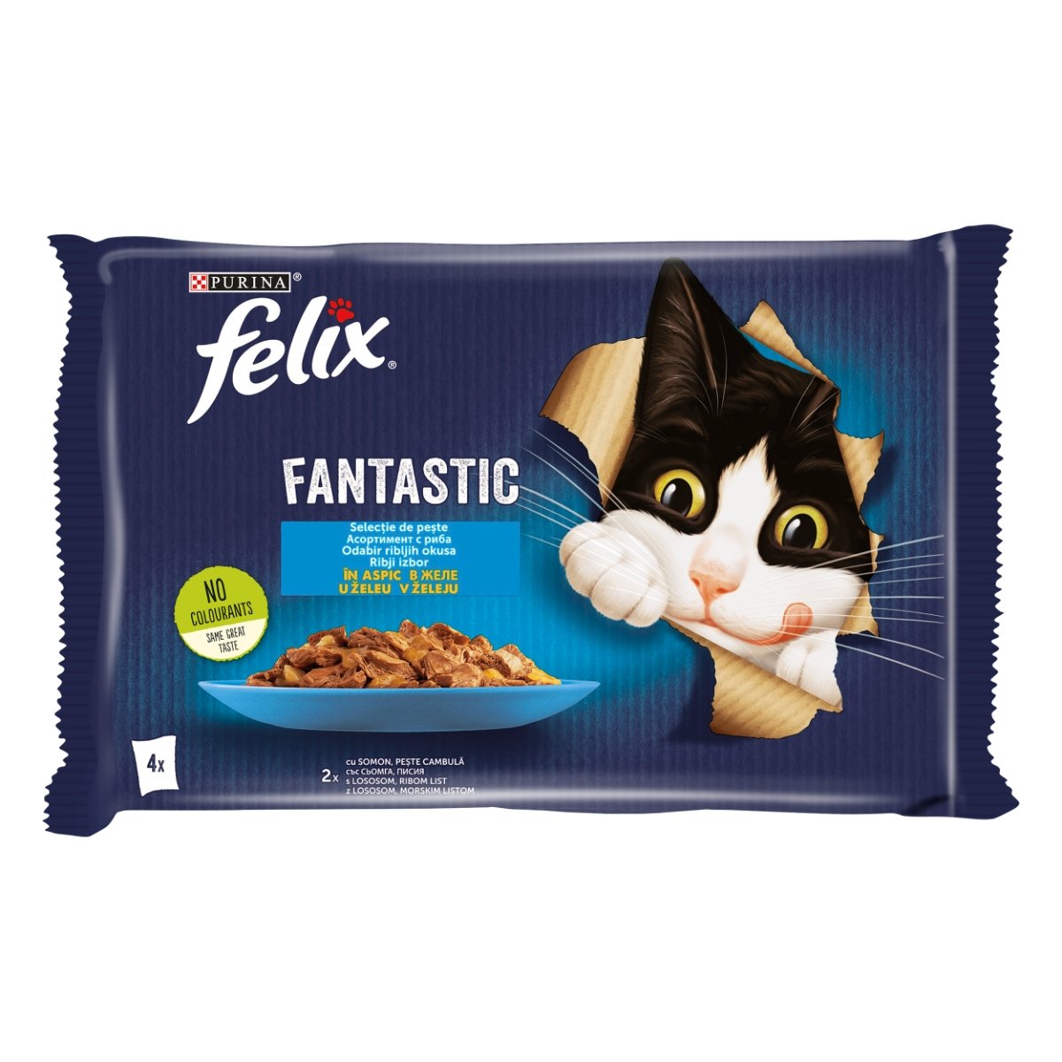 PURINA Felix Fantastic, 2 arome (Somon și Peste Cambula), pachet mixt, plic hrană umedă pisici, (în aspic), 85g x 4 - poza 1