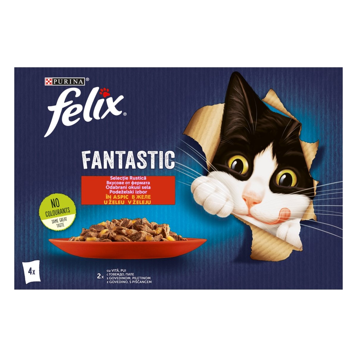 PURINA Felix Fantastic, 2 arome (Vita și Pui), pachet mixt, plic hrană umedă pisici, (în aspic), 85g x 4 - poza 1