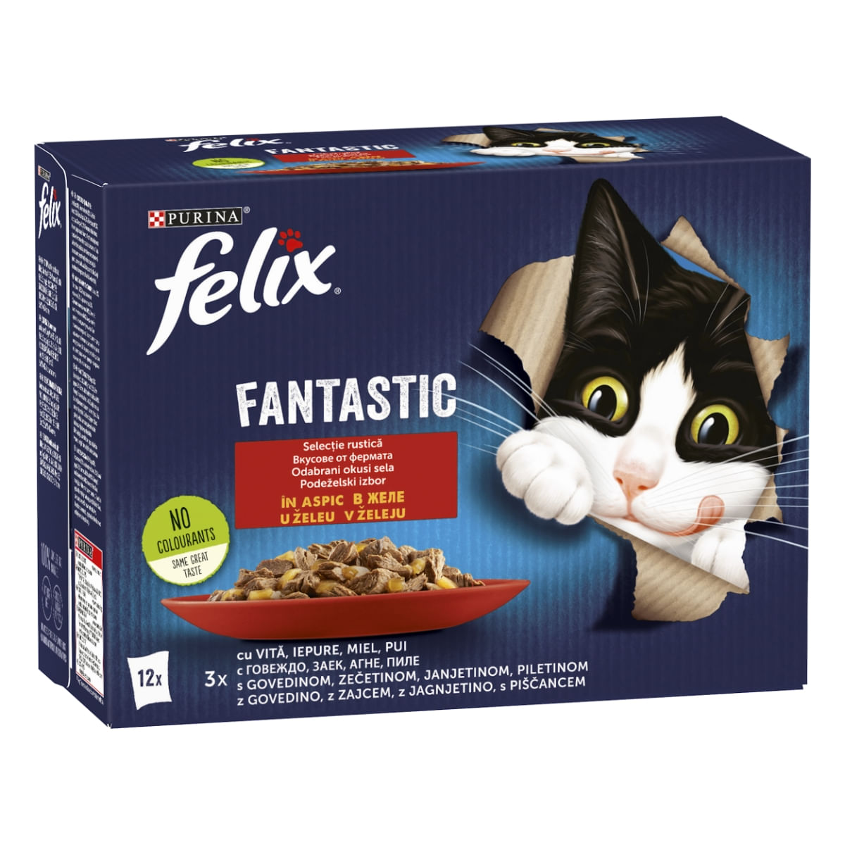 PURINA Felix Fantastic, 4 arome (Pui, Vita, Iepure, Miel), pachet mixt, plic hrană umedă pisici, (în aspic), 85g x 12 - poza 2