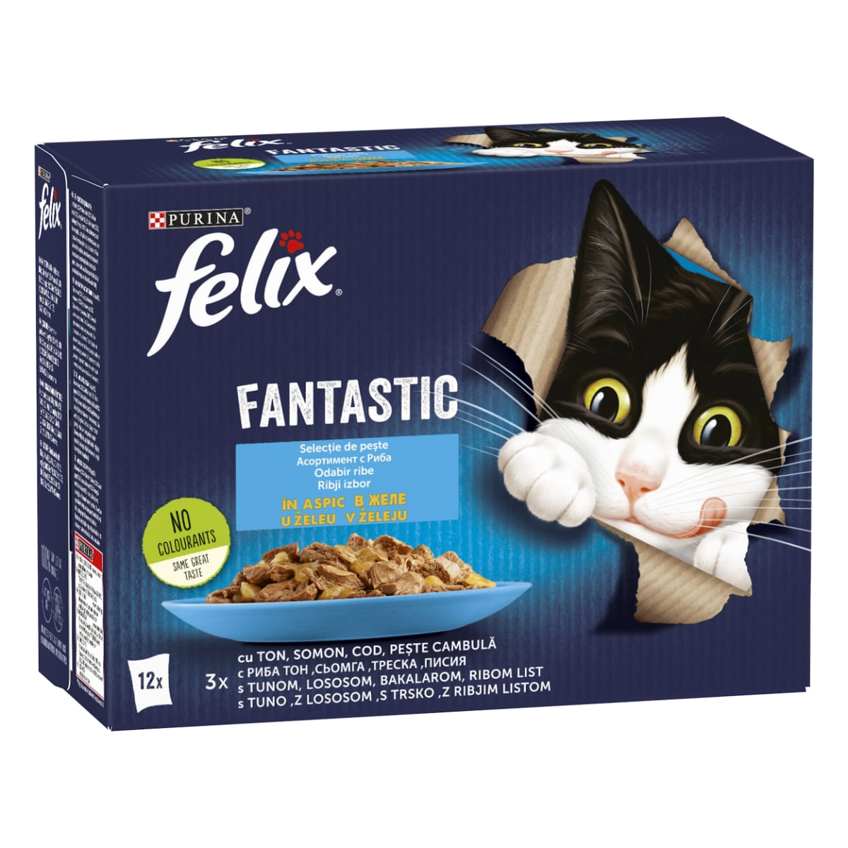 PURINA Felix Fantastic, 4 arome (Ton, Somon, Cod, Peste Cambula), pachet mixt, plic hrană umedă pisici, (în aspic), 85g x 12 - poza 2