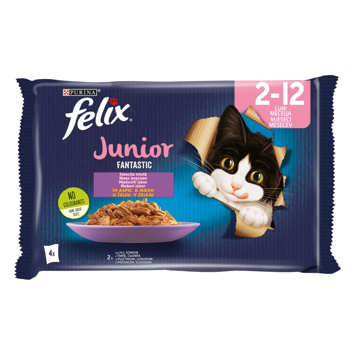 PURINA Felix Fantastic Junior, Pui, pachet mixt, plic hrană umedă pisici junior, (în aspic), 85g x 4 - poza 2