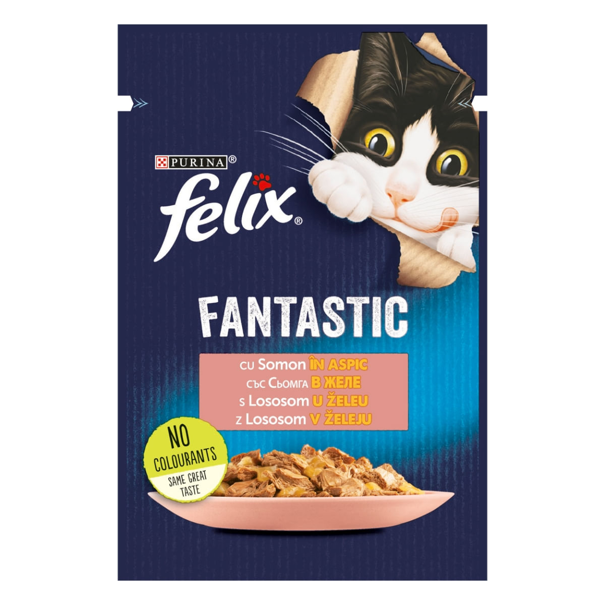 PURINA Felix Fantastic, Somon, hrană umedă pisici, (în aspic) PURINA Felix Fantastic, Somon, plic hrană umedă pisici, (în aspic), 85g - poza 1