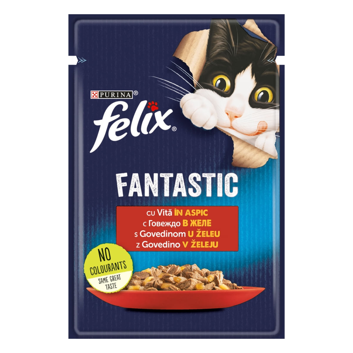 PURINA Felix Fantastic, Vită, hrană umedă pisici, (în aspic) PURINA Felix Fantastic, Vită, plic hrană umedă pisici, (în aspic), 85g - poza 1