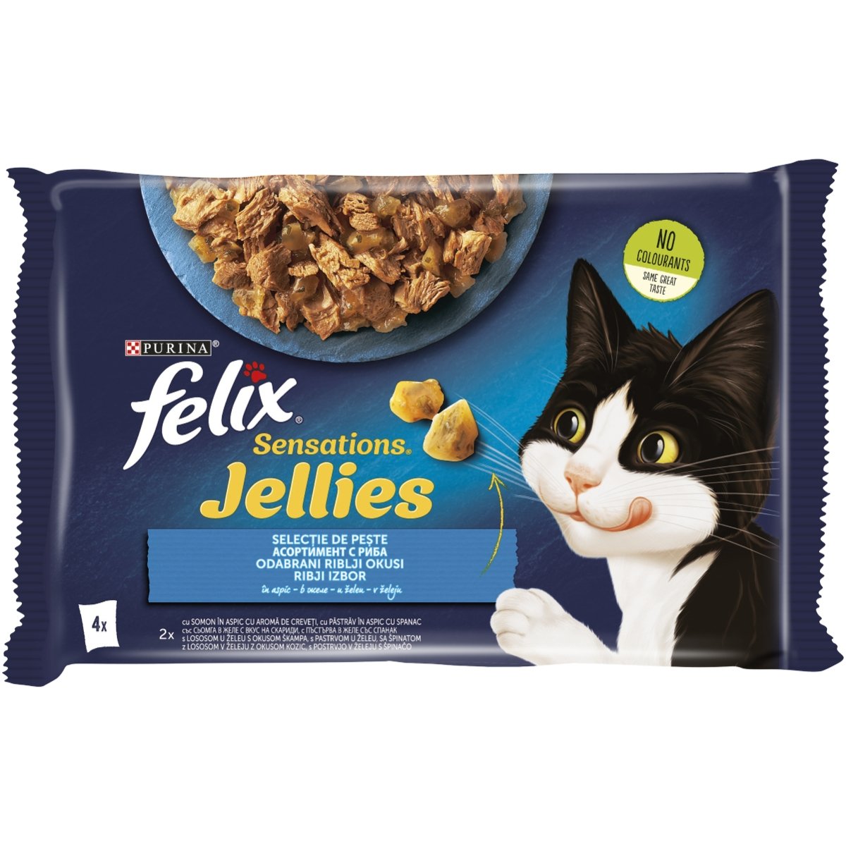 PURINA Felix Sensations, 2 arome (Somon și Pastrav), pachet mixt, plic hrană umedă pisici, (în aspic), 85g x 4 - poza 2