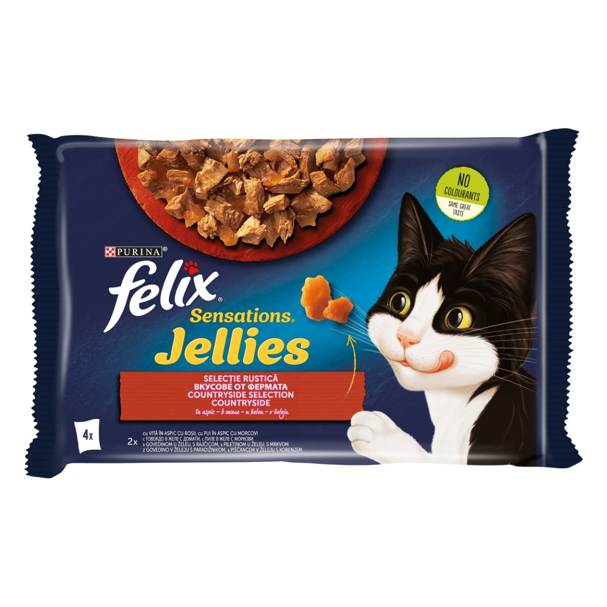 PURINA Felix Sensations, 2 arome (Vită și Pui), pachet mixt, plic hrană umedă pisici, (în aspic), 85g x 4 - poza 2