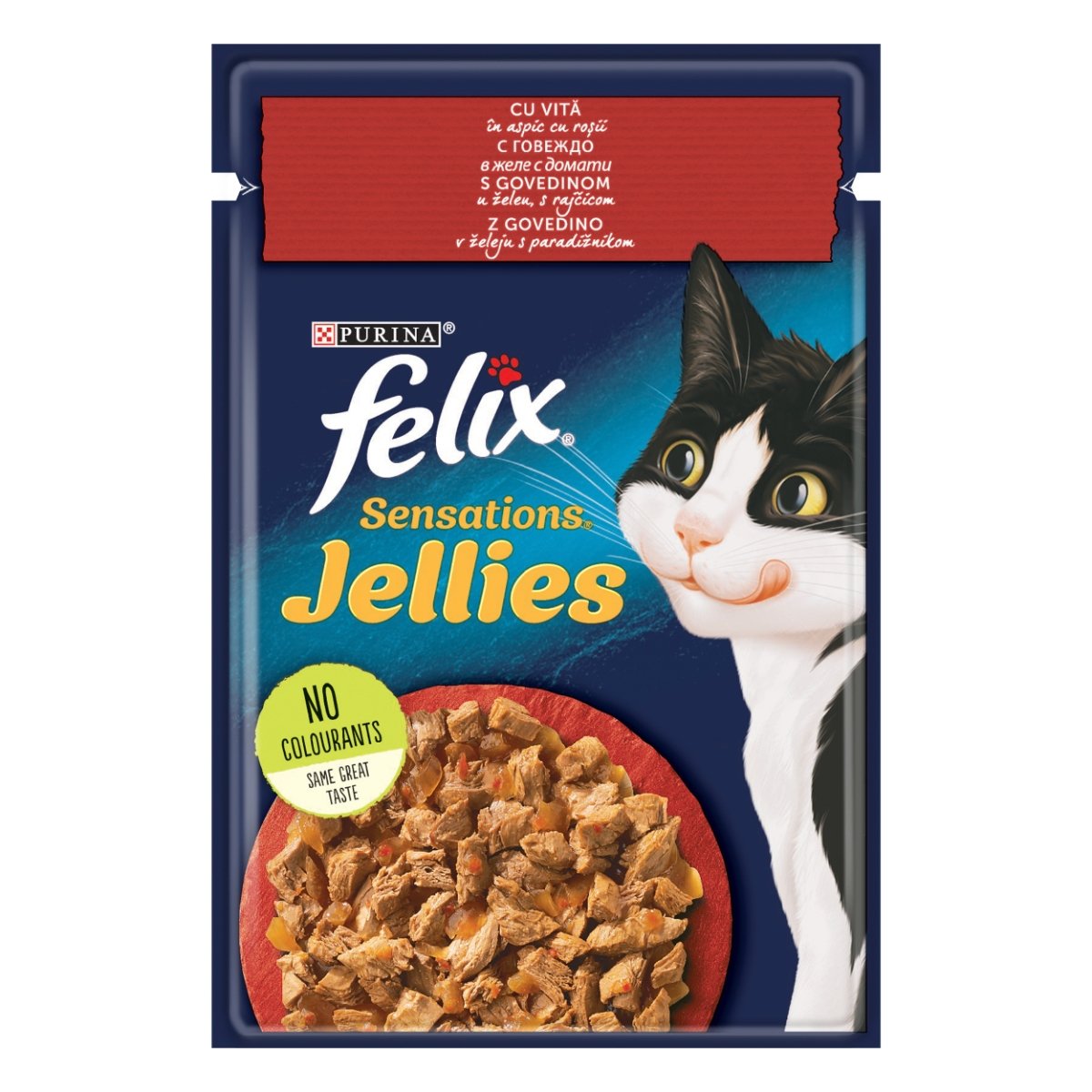 PURINA Felix Sensations, Vită cu Roșii, hrană umedă pisici, (în aspic) PURINA Felix Sensations, Vită cu Roșii, plic hrană umedă pisici, (în aspic), 85g - poza 2