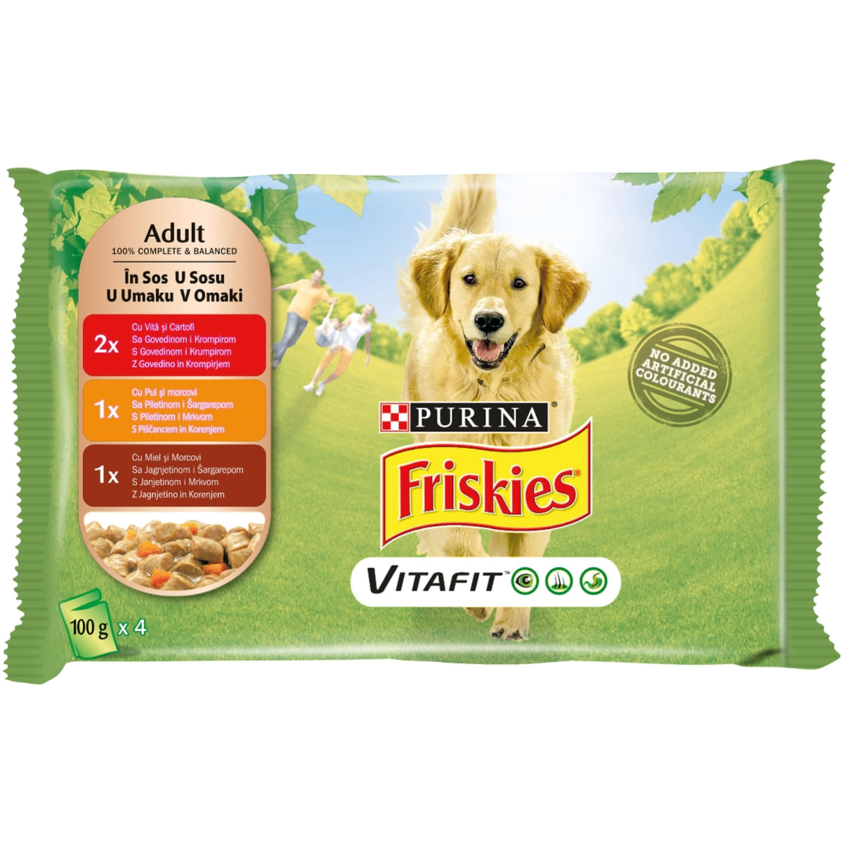 PURINA Friskies Adult, 3 arome (Vită cu Cartofi, Pui cu Morcov, Miel cu Morcov), pachet mixt, plic hrană umedă câini, (în sos), 100g x 4 - poza 2