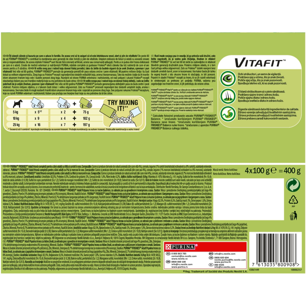 PURINA Friskies Adult, 3 arome (Vită cu Cartofi, Pui cu Morcov, Miel cu Morcov), pachet mixt, plic hrană umedă câini, (în sos), 100g x 4 - poza 4