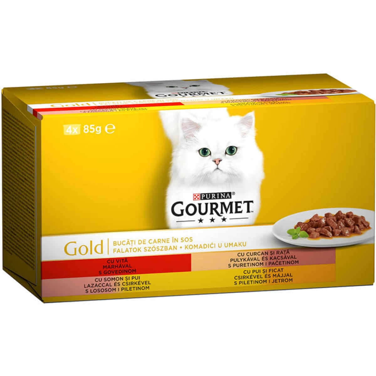 PURINA Gourmet Gold, 4 arome (Vită, Curcan și Rață, Somon și Pui, Pui și Ficat), pachet mixt, conservă hrană umedă pisici, (bucăti în sos), 85g x 4 - poza 5