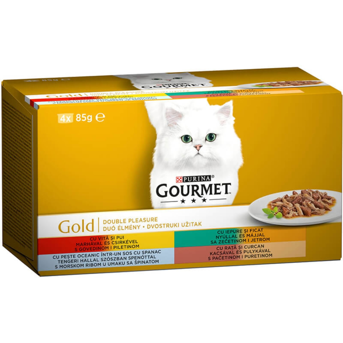PURINA Gourmet Gold, 4 arome(Vită și Pui, Rață și Curcan, Pește cu Spanac, Iepure și Ficat), multipack, conservă hrană umedă pisici, (în sos), 85g x 4 - poza 1