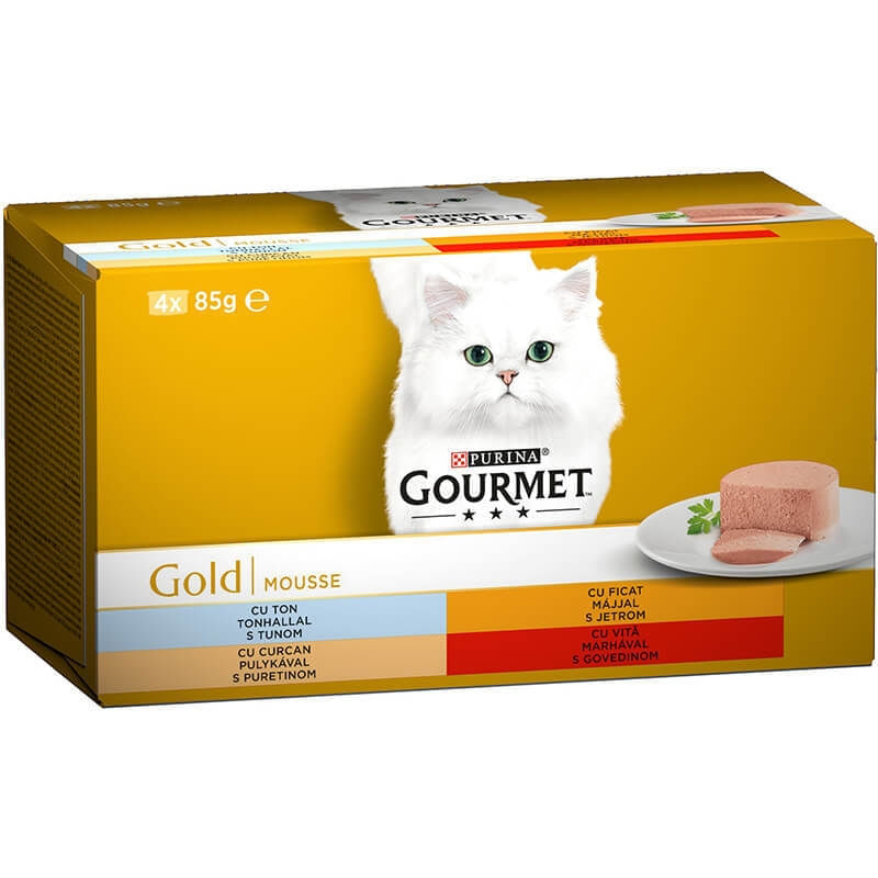 PURINA Gourmet Gold Mousse, 4 arome (Vită, Curcan, Ficat, Ton), pachet mixt, conservă hrană umedă pisici, (pate), 85g x 4 - poza 1