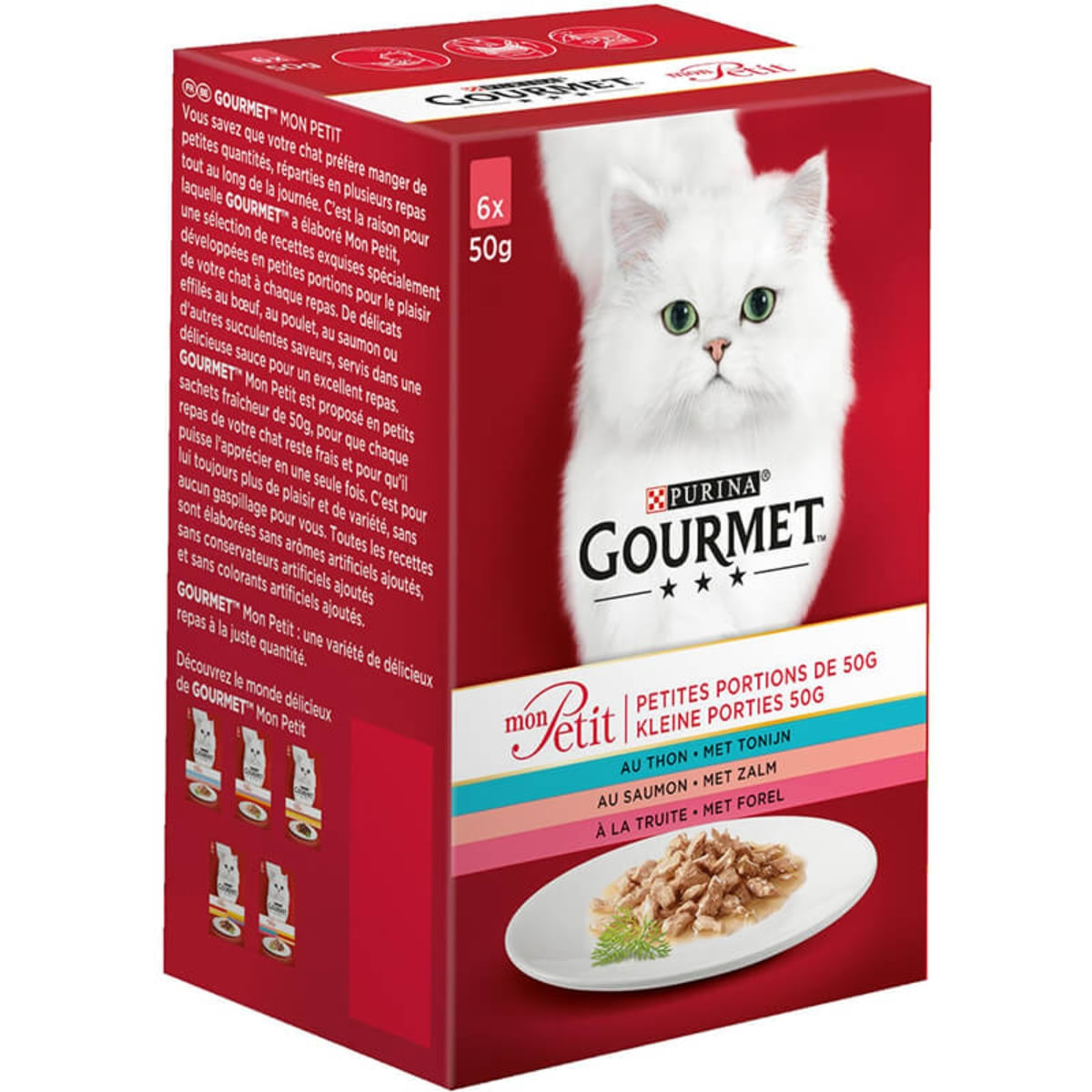 PURINA Gourmet Mon Petit, 3 arome (Somon, Ton, Păstrăv), pachet mixt, plic hrană umedă pisici, (în sos), 50g x 6 - poza 3