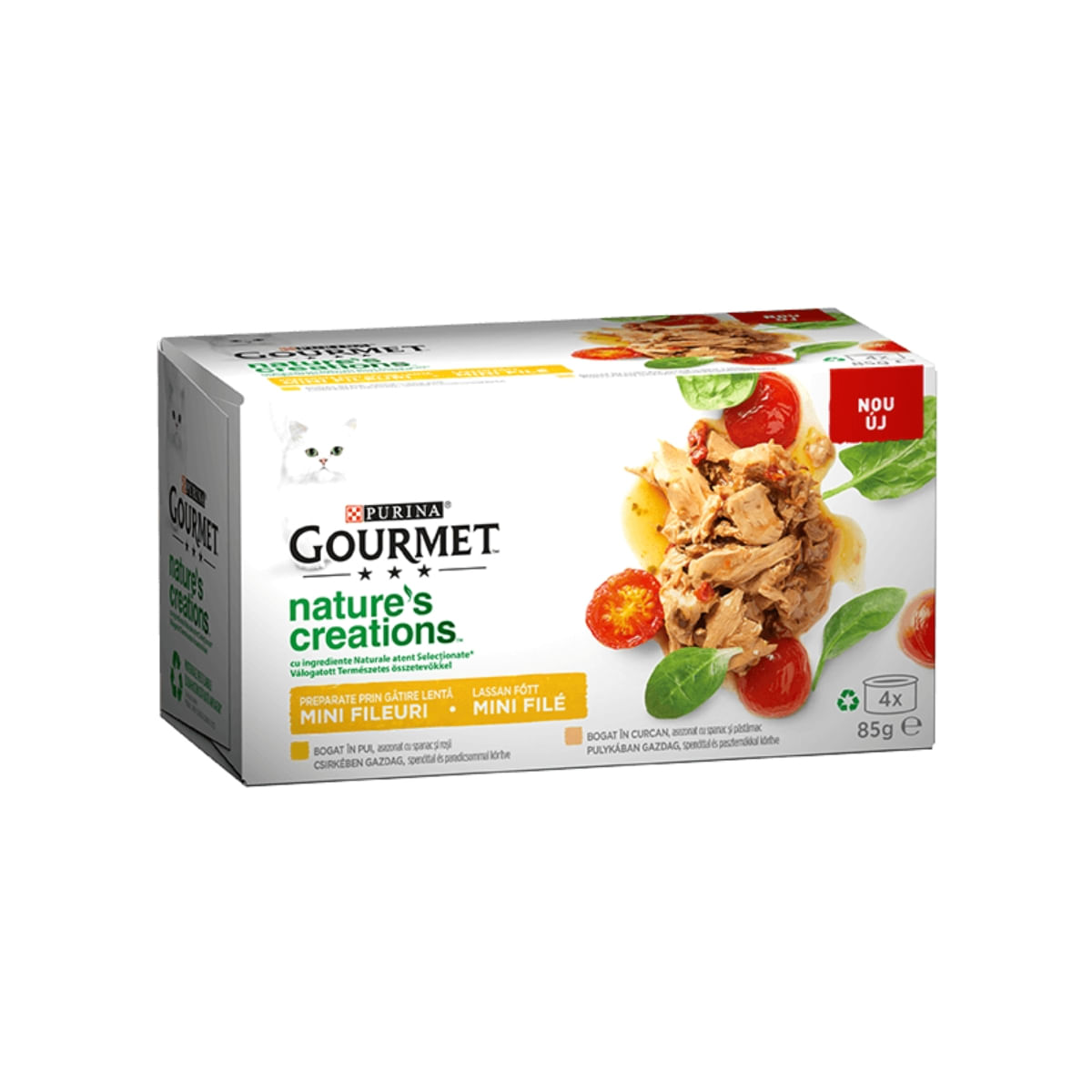 PURINA Gourmet Nature's Creations, 2 arome (Pui cu Spanac, Curcan cu Păstârnac), pachet mixt, conservă hrană umedă pisici, 85g x 4 - poza 1