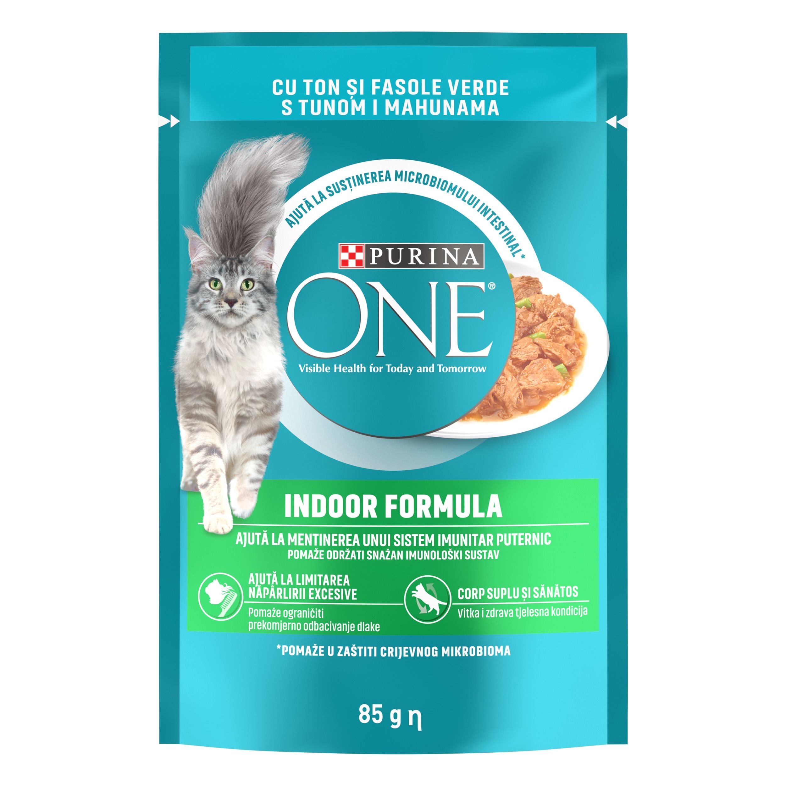 PURINA ONE Indoor, mini fileuri cu Ton si Fasole Verde in sos, 85 g