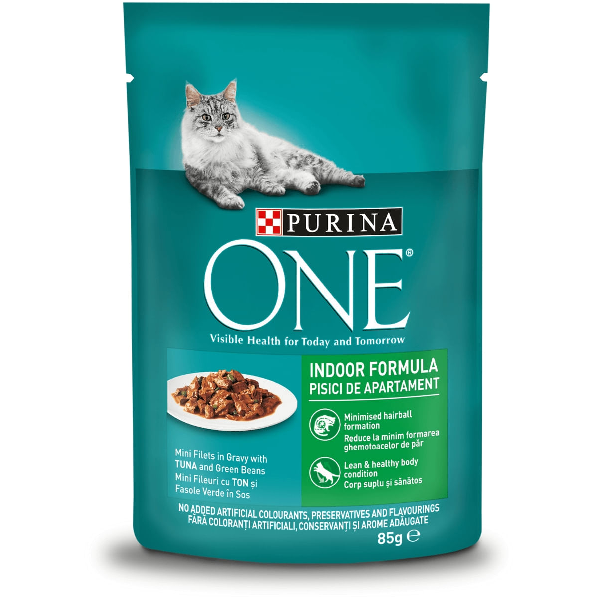 PURINA One Indoor, Ton cu Fasole Verde, plic hrană umedă pisici, (în sos), 85g - poza 1