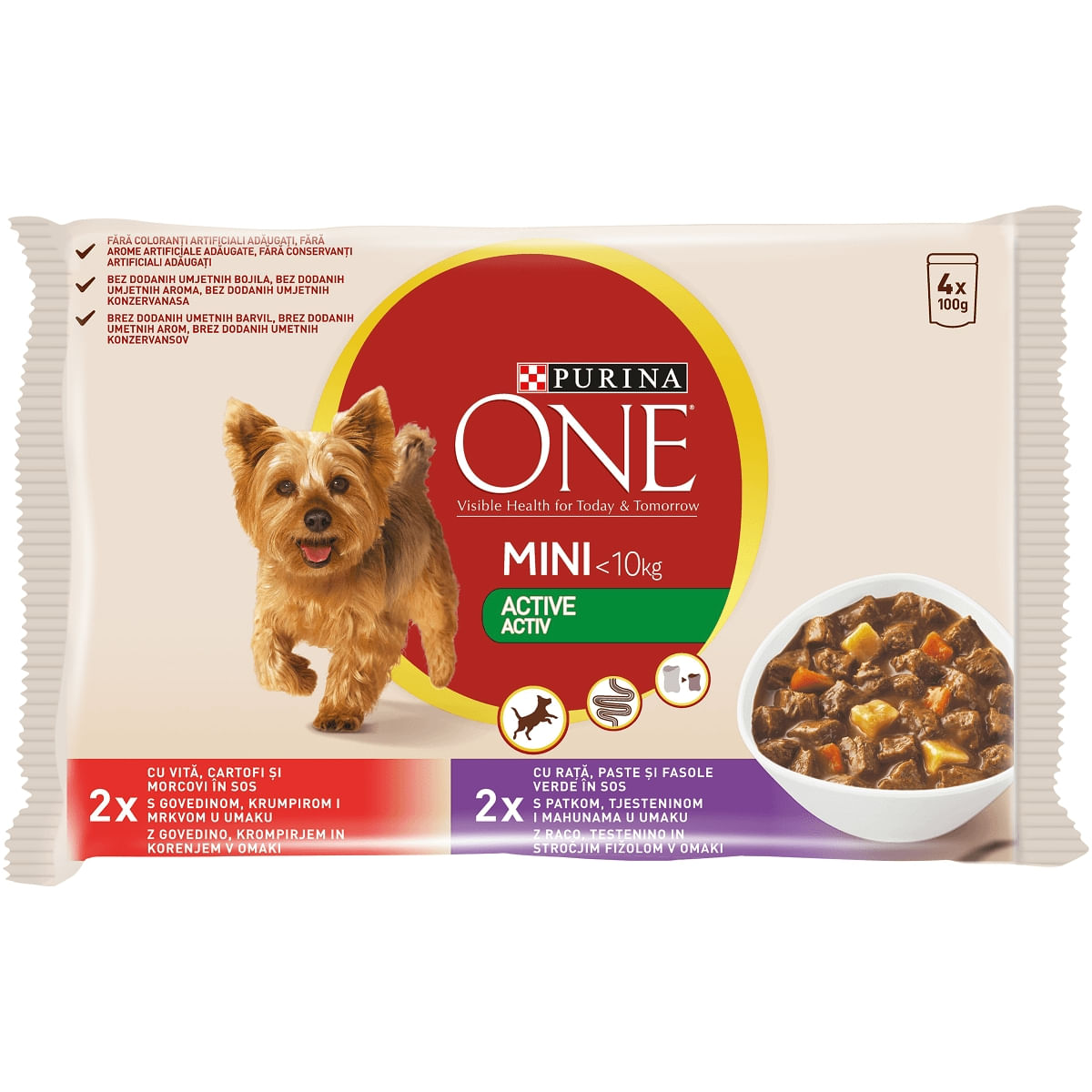 PURINA One Mini Active, 2 arome, multipack plic hrană umedă câini, activitate intensă, (în sos), 100g x 4 PURINA One Mini Active, 2 arome, multipack plic hrană umedă câini, activitate intensă, (în sos), 85g x 4 - poza 2