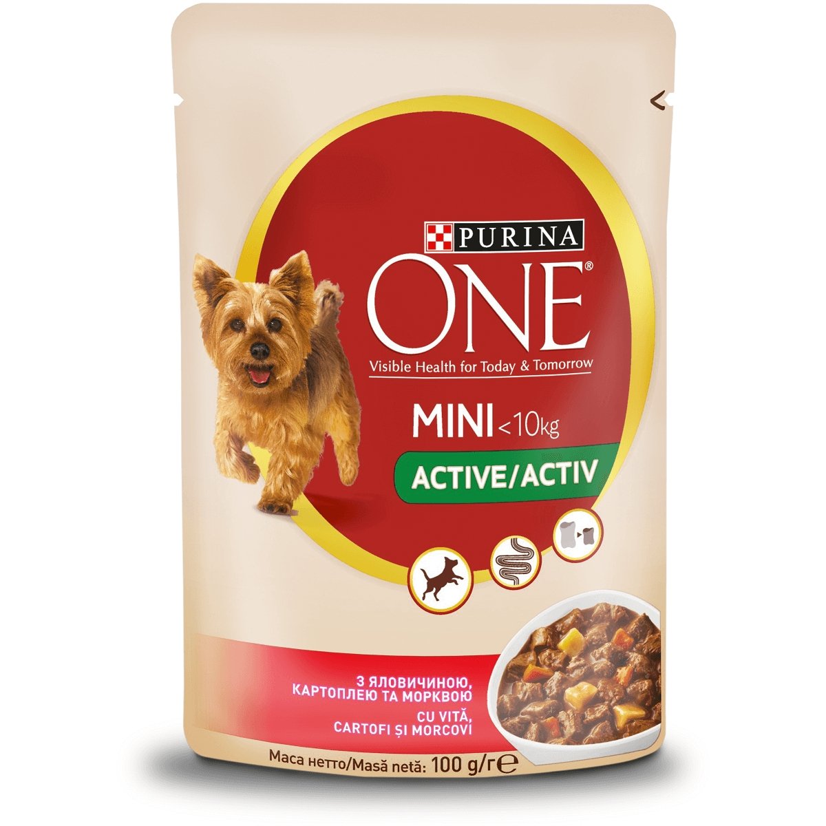 PURINA One Mini Active, Vită cu Cartofi, hrană umedă câini, activitate intensă, (în sos) PURINA One Mini Active, Vită cu Cartofi, plic hrană umedă câini, activitate intensă, (în sos), 85g - poza 2