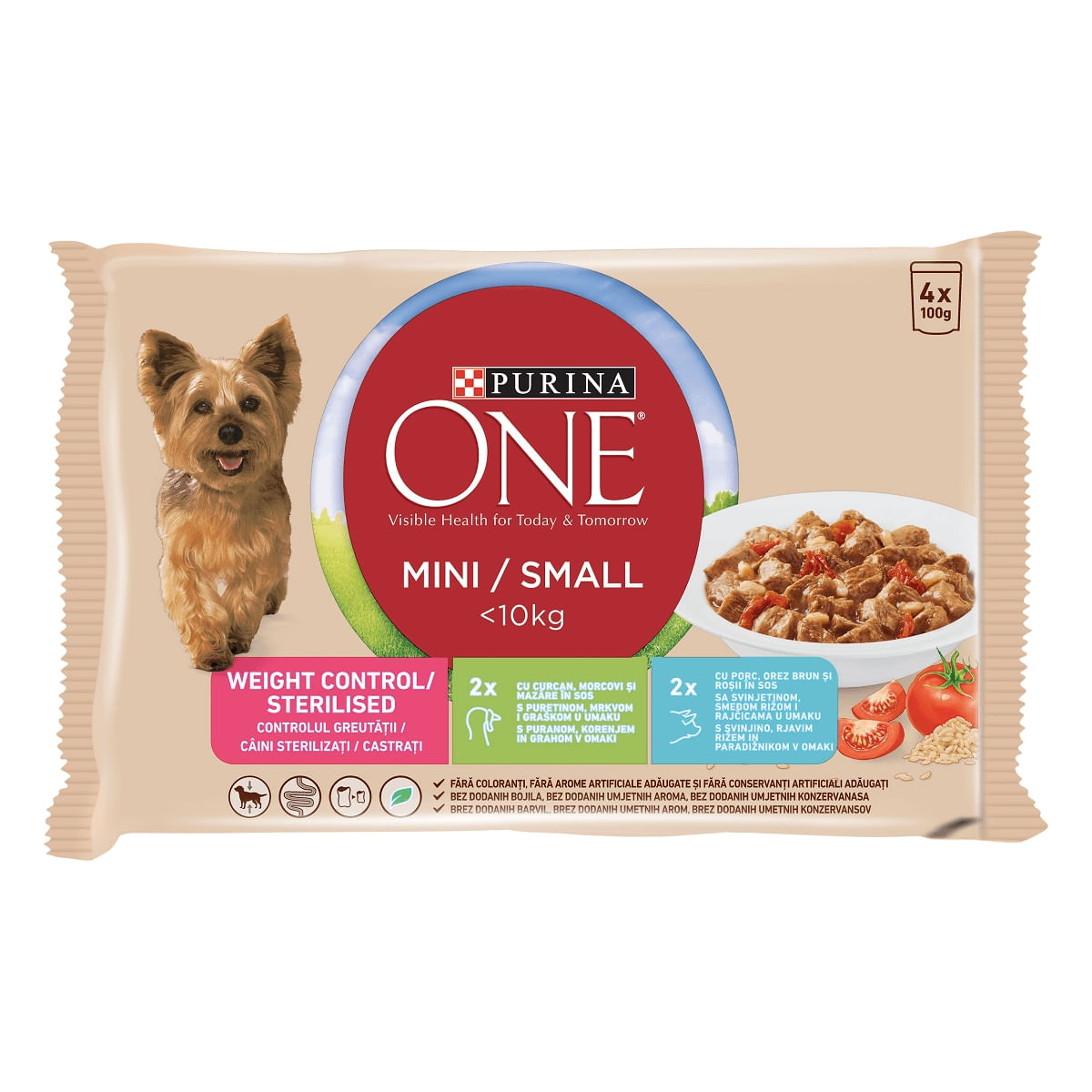 PURINA One Mini Controlul Greutății, 2 arome, mulipack plic hrană umedă câini, (în sos), 100g x 4 PURINA One Mini Controlul Greutății, 2 arome, mulipack plic hrană umedă câini, (în sos), 85g x 4 - poza 1