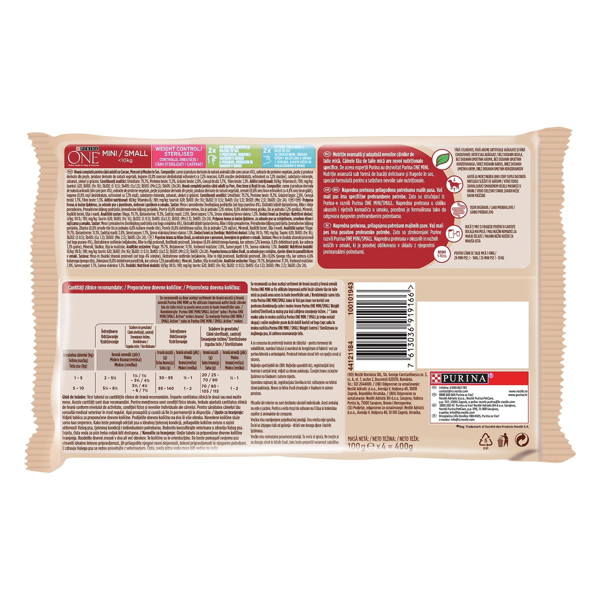 PURINA One Mini Controlul Greutății, 2 arome, mulipack plic hrană umedă câini, (în sos), 100g x 4 PURINA One Mini Controlul Greutății, 2 arome, mulipack plic hrană umedă câini, (în sos), 85g x 4 - poza 3