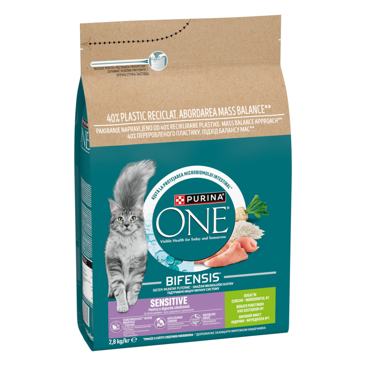 PURINA One Sensitive, Curcan și Orez, hrană uscată pisici, sistem digestiv, 2.8kg - poza 1