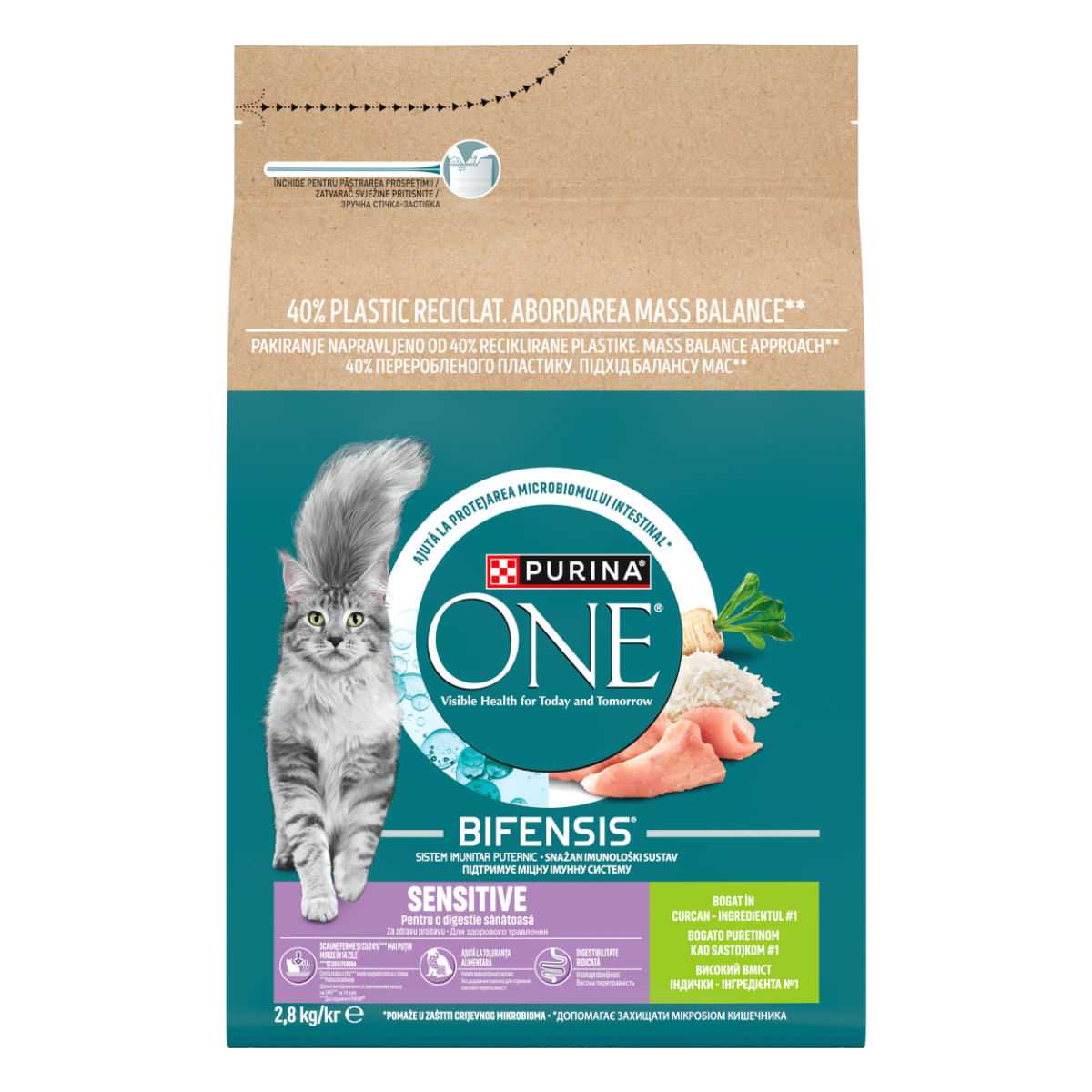 PURINA One Sensitive, Curcan și Orez, hrană uscată pisici, sistem digestiv, 2.8kg - poza 3