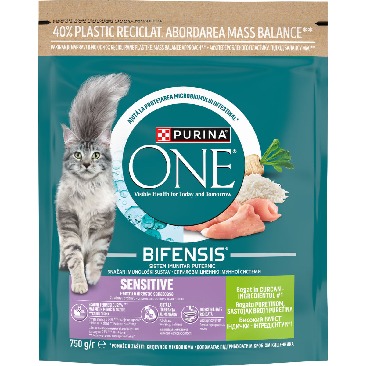 PURINA One Sensitive, Curcan și Orez, hrană uscată pisici, sistem digestiv, 750g - poza 1