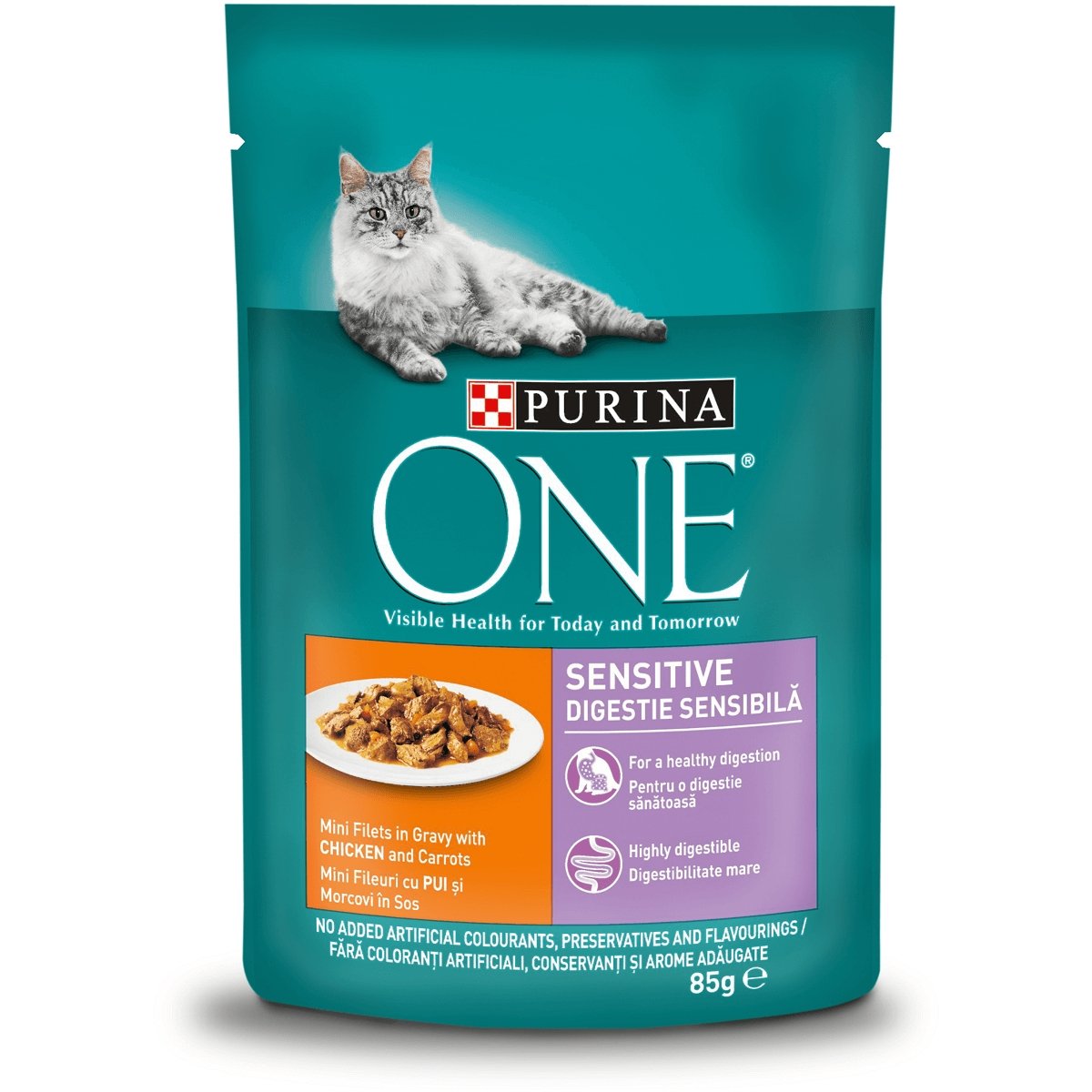 PURINA One Sensitive, Pui cu Morcov, hrană umedă pisici, sensibilități digestive, (în sos) PURINA One Sensitive, Pui cu Morcov, plic hrană umedă pisici, sensibilități digestive, (în sos), 85g - poza 1