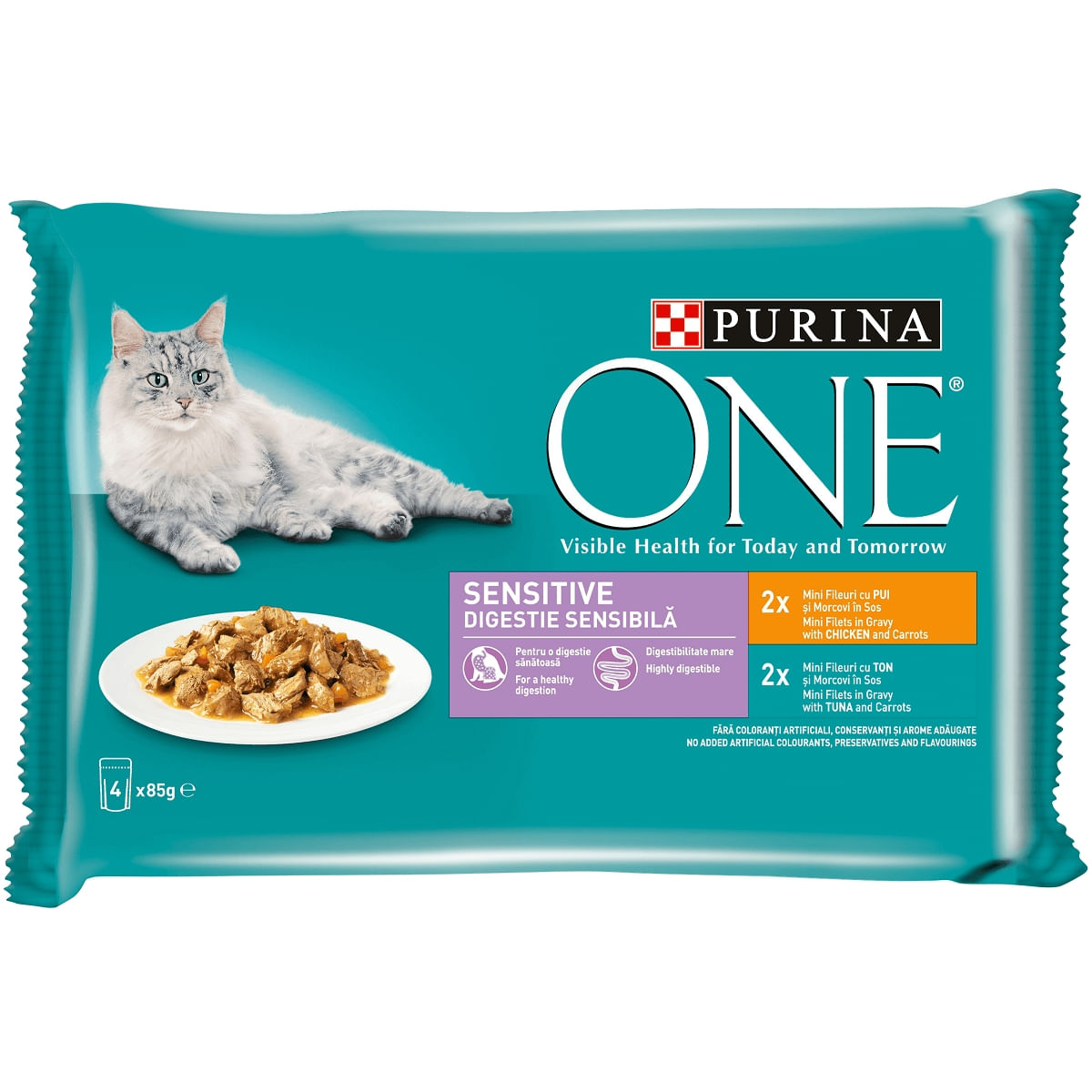 PURINA One Sensitive, Pui/Ton, pachet mixt plic hrană umedă pisici, sensibilități digestive, (în sos), 85g x 4 - poza 3