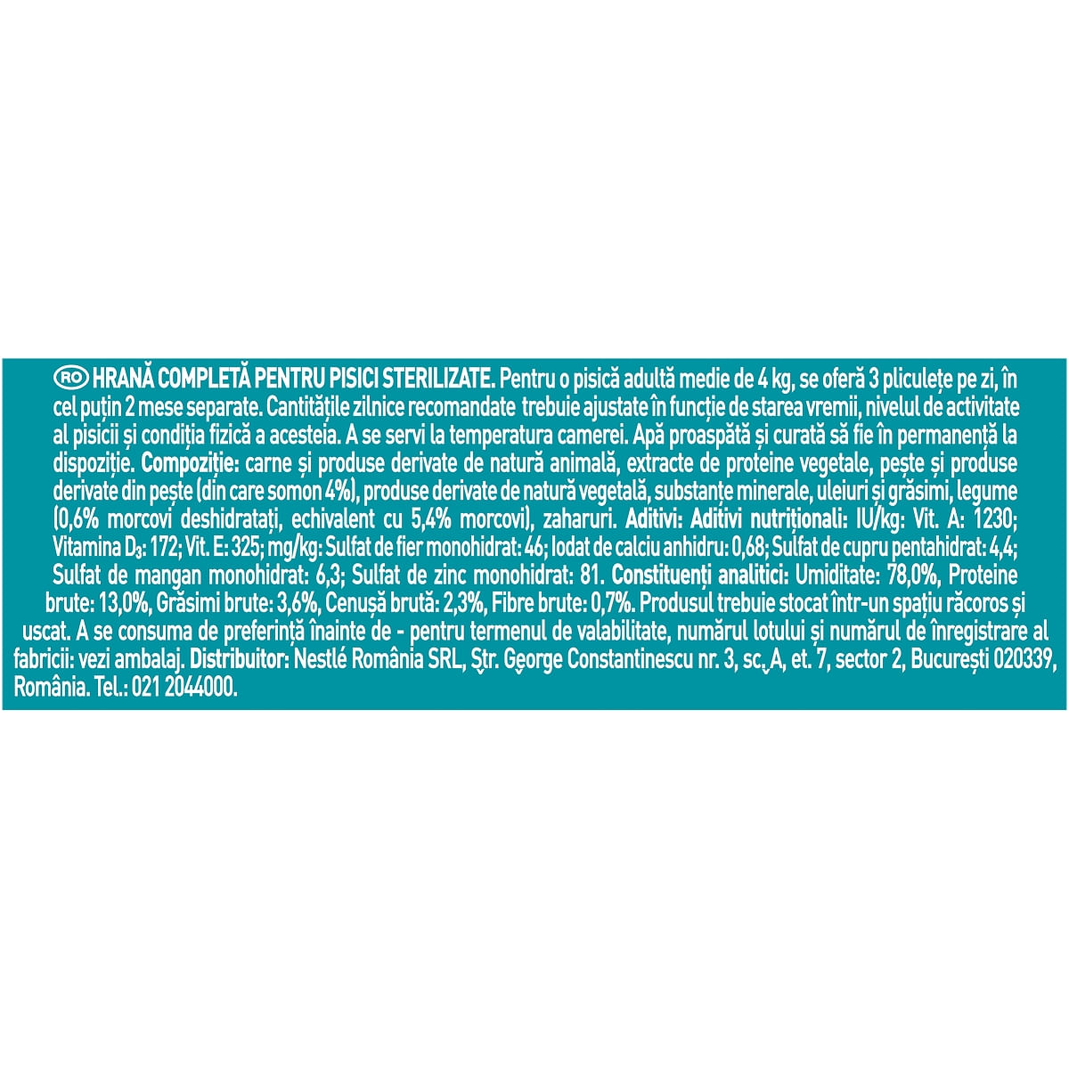 PURINA One Sterilcat, Somon cu Morcov, plic hrană umedă pisici sterilizate, (în sos), 85g - poza 2