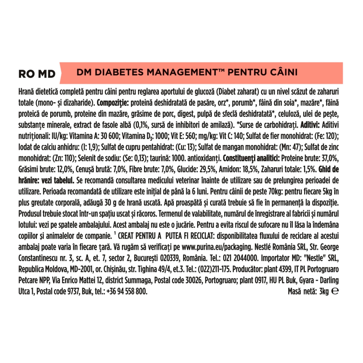 PURINA Pro Plan Veterinary Diets Diabetes Management, dietă veterinară câini, hrană uscată, controlul glucozei, 3kg - poza 4