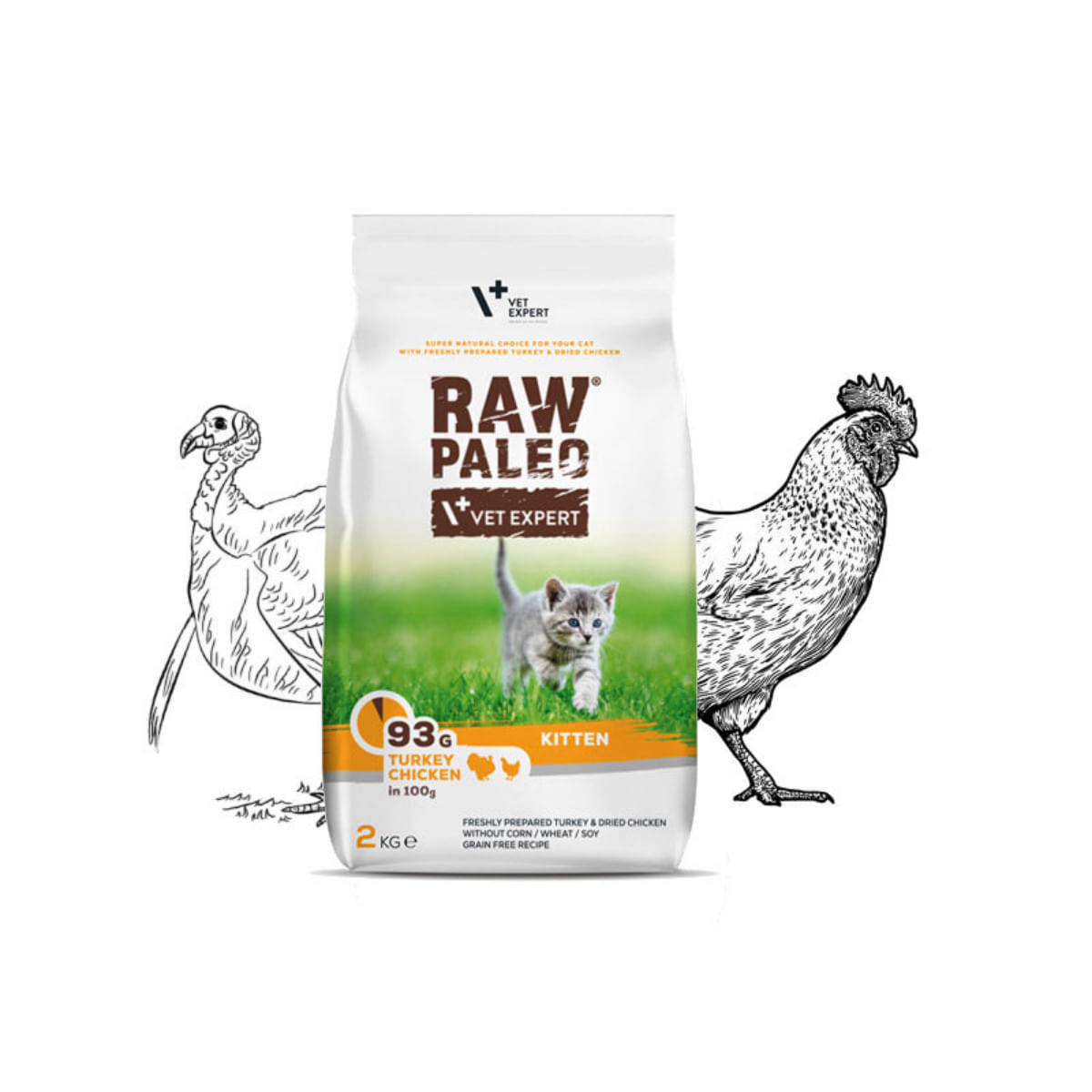RAW PALEO Kitten, Curcan și Pui, hrană uscată fără cereale pisici junior, 2kg - poza 1