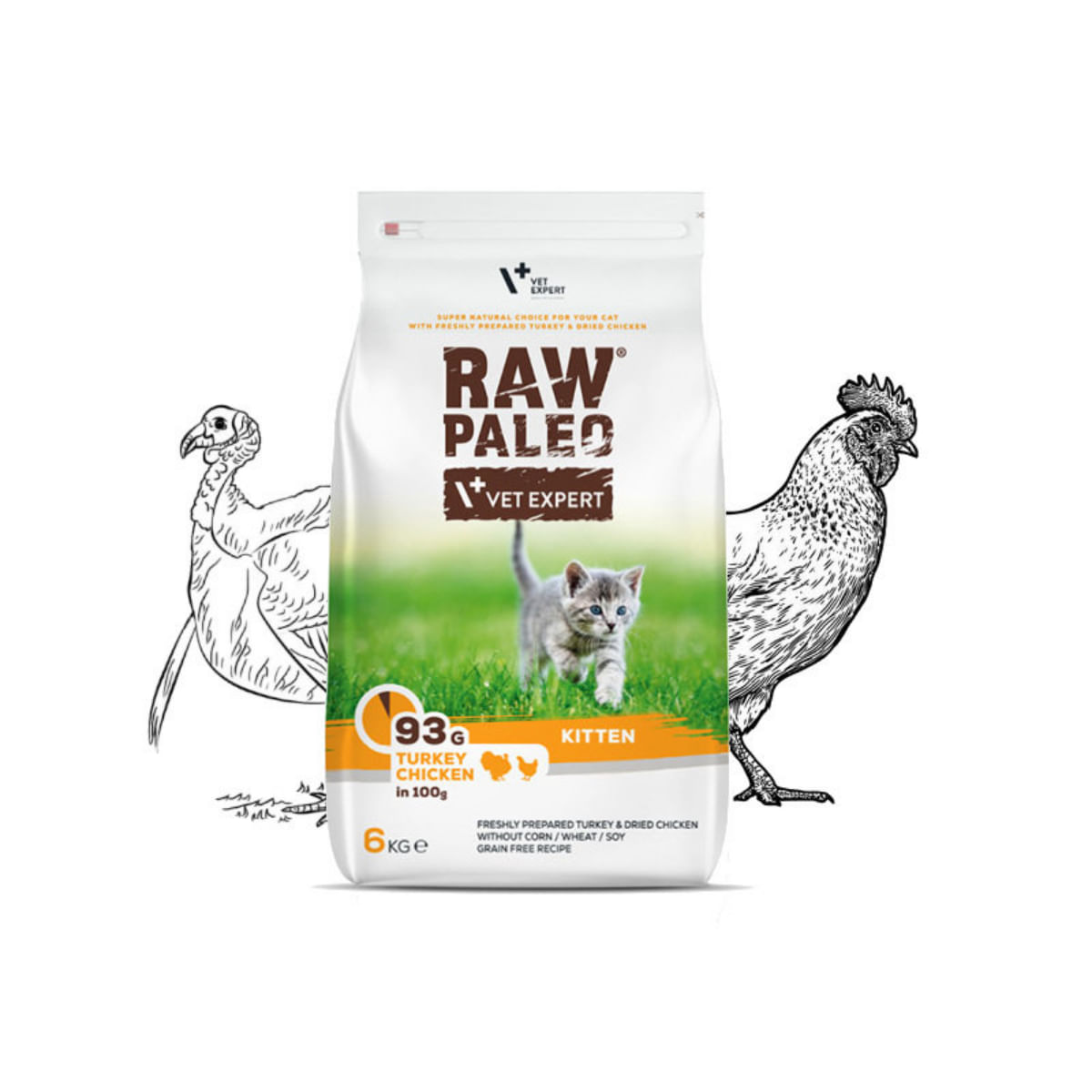 RAW PALEO Kitten, Curcan și Pui, hrană uscată fără cereale pisici junior, 6kg - poza 2