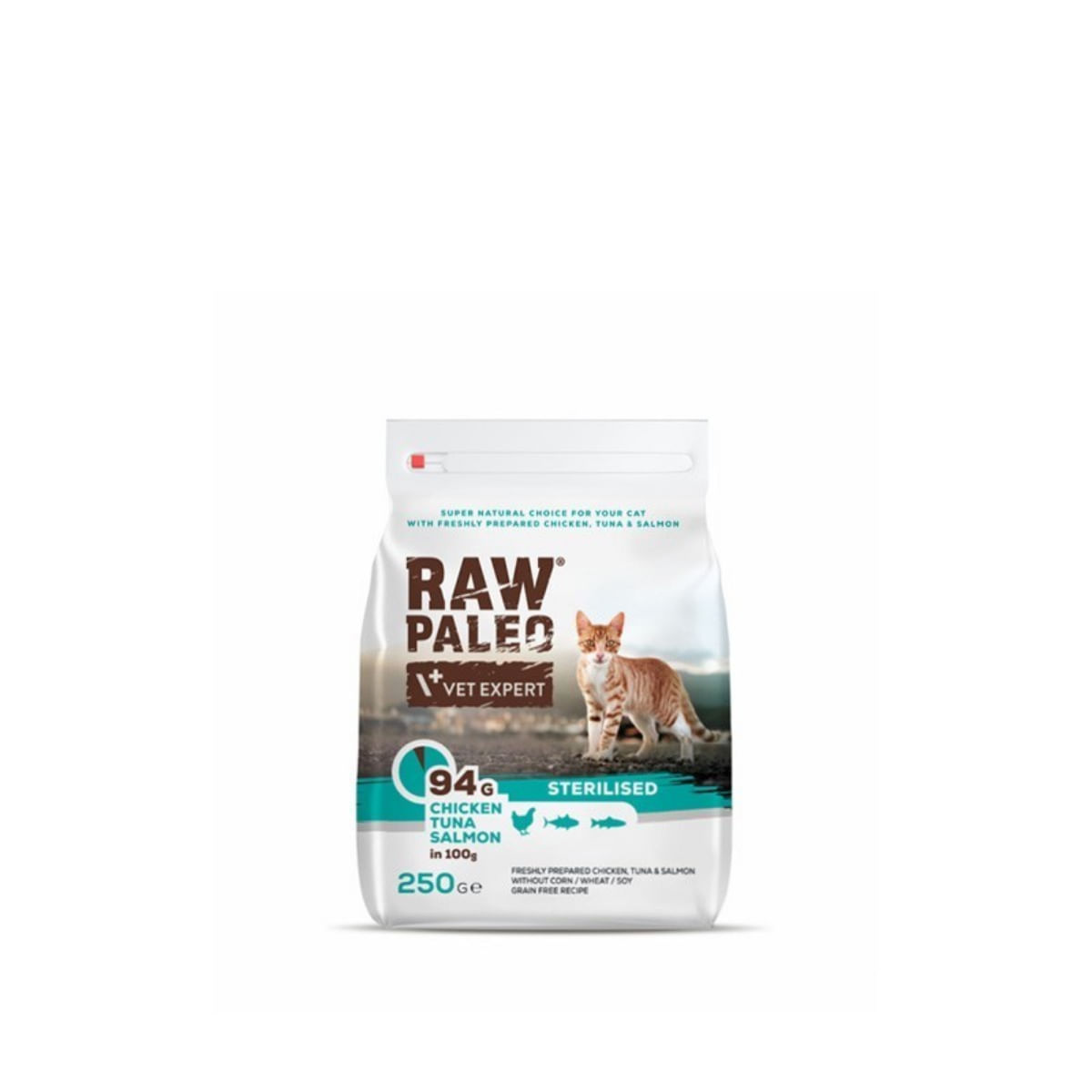 RAW PALEO Sterilised Pui, Ton și Somon, hrană uscată fără cereale pisici sterilizate, 250g - poza 2