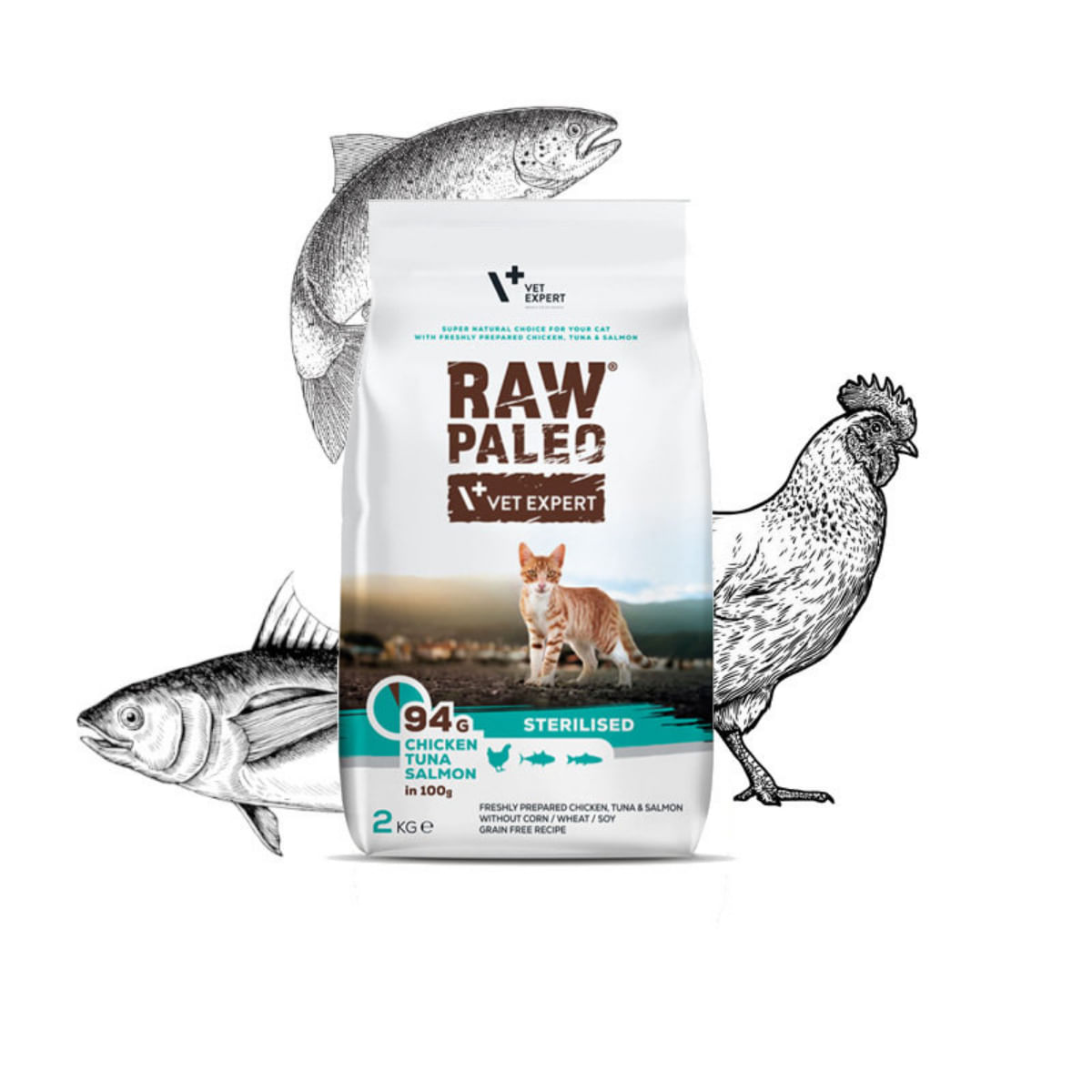 RAW PALEO Sterilised Pui, Ton și Somon, hrană uscată fără cereale pisici sterilizate, 2kg - poza 2