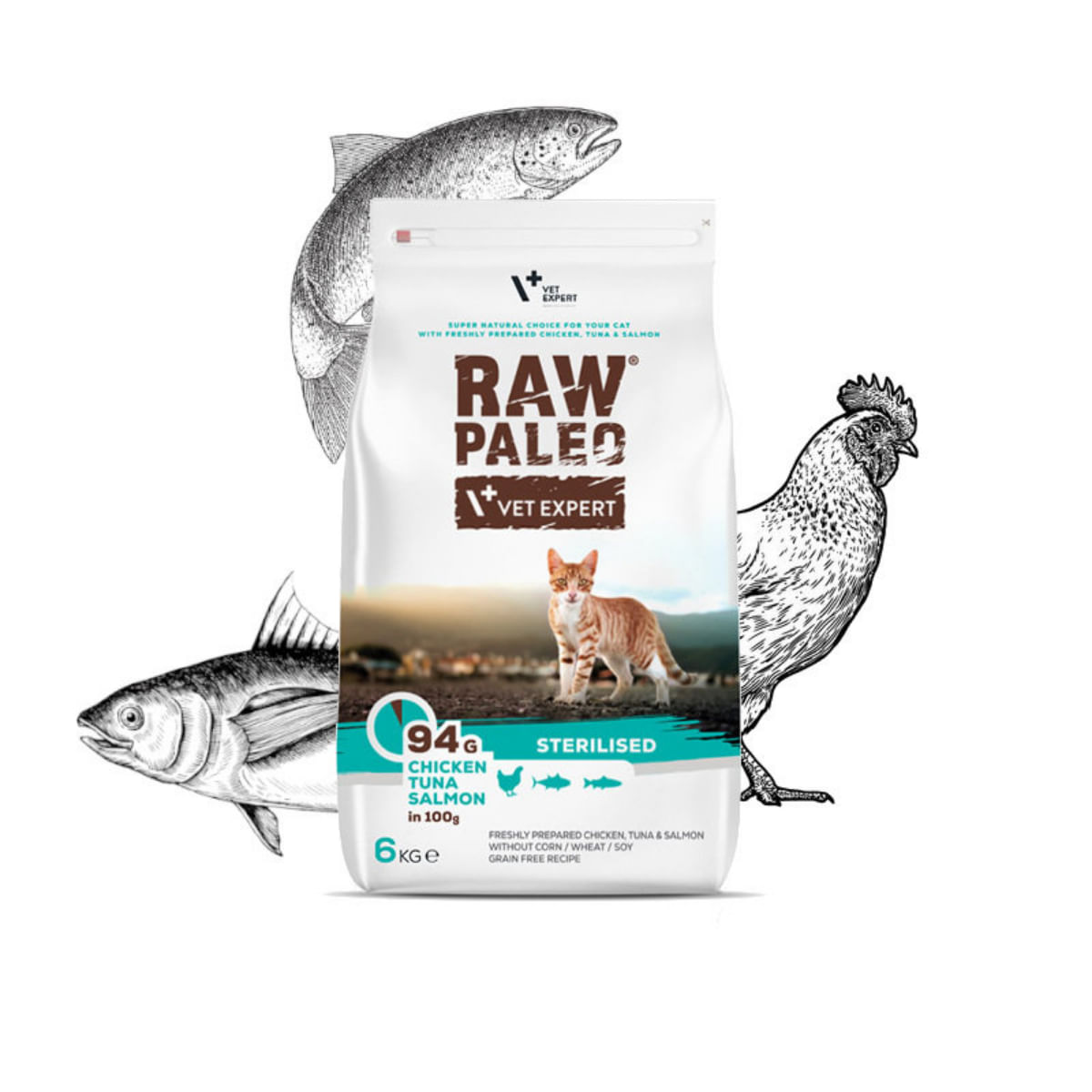 RAW PALEO Sterilised Pui, Ton și Somon, hrană uscată fără cereale pisici sterilizate, 6kg - poza 1