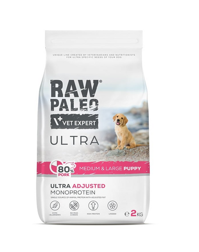 RAW PALEO Ultra Pork Medium&amp;Large Puppy 2kg hrana catei rasa medie si mare, cu porc
