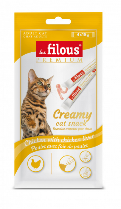 Recompense cremoase pentru pisici Les Filous, Pui si ficat de pui, 4 x 15g (6 bucati)