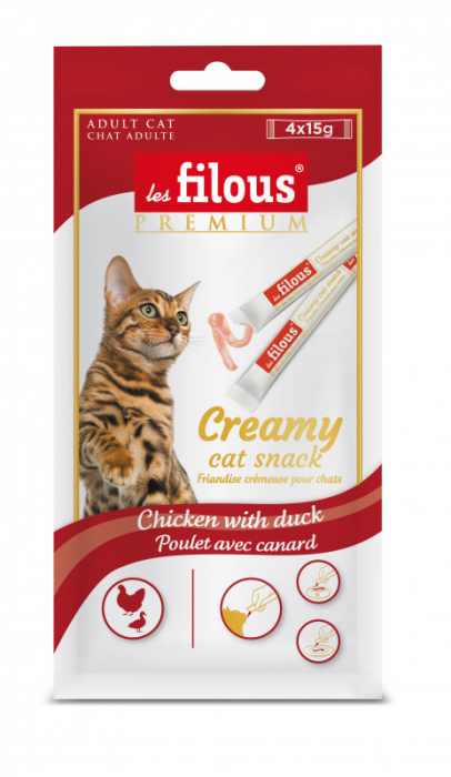 Recompense cremoase pentru pisici Les Filous, Pui si rata, 4 x 15g (6 bucati)