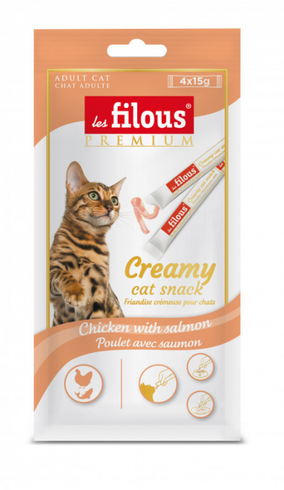 Recompense cremoase pentru pisici Les Filous, Pui si somon, 4 x 15g (6 bucati)