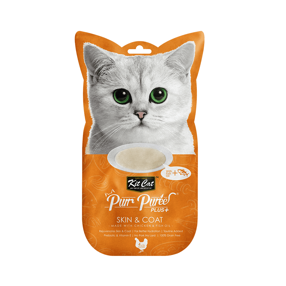 Recompense lichide pentru pisici Kit Cat Purr Puree Plus+ Skin & Coat , pui si ulei de peste 4 x 15g