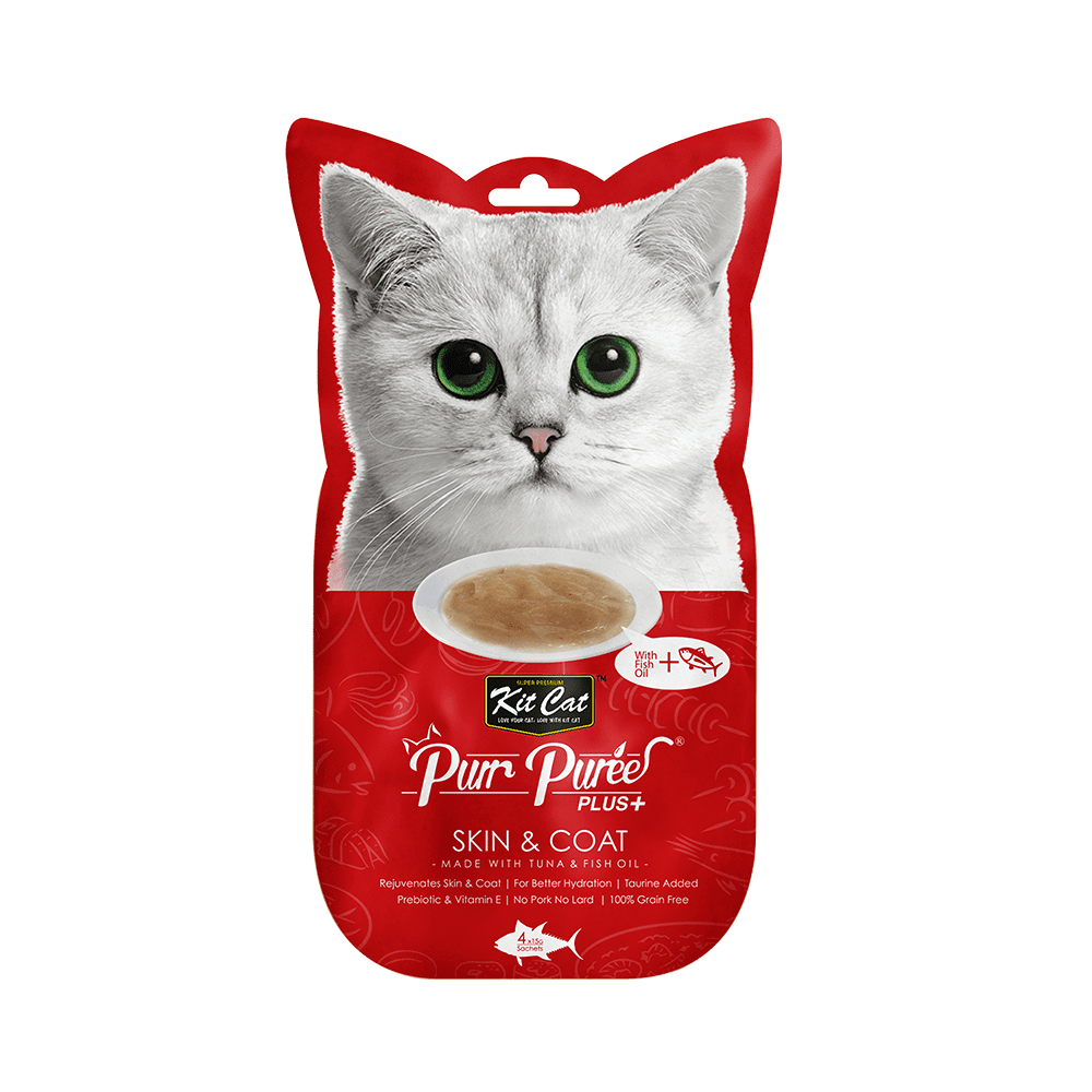 Recompense lichide pentru pisici Kit Cat Purr Puree Plus+ Skin & Coat , ton si ulei de peste 4 x 15g