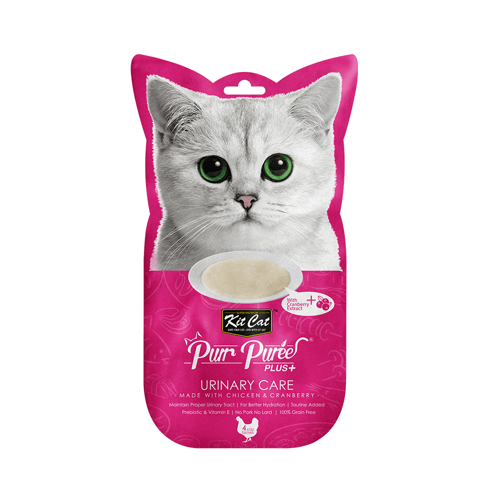 Recompense lichide pentru pisici Kit Cat Purr Puree Plus+ Urinary Care, pui si merisoare 4 x 15g