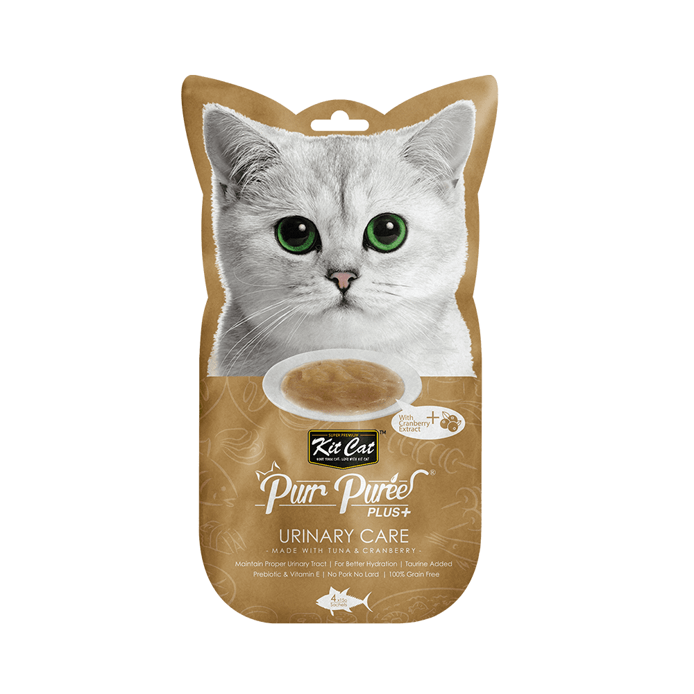 Recompense lichide pentru pisici Kit Cat Purr Puree Plus+ Urinary Care, ton si merisoare 4 x 15g