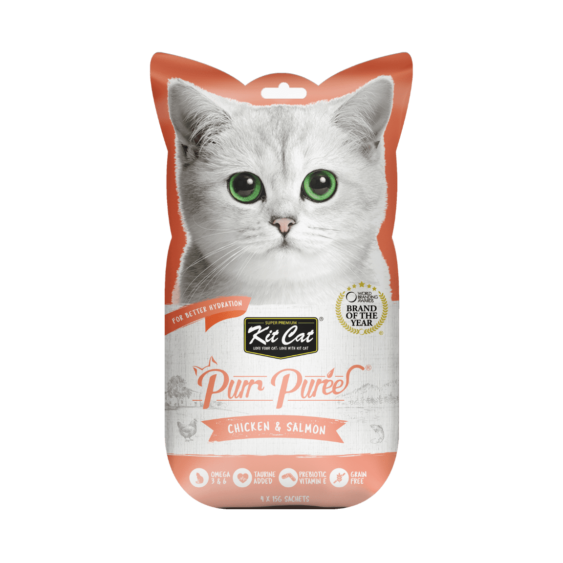 Recompense lichide pentru pisici Kit Cat Purr Puree, pui si somon 4 x 15g